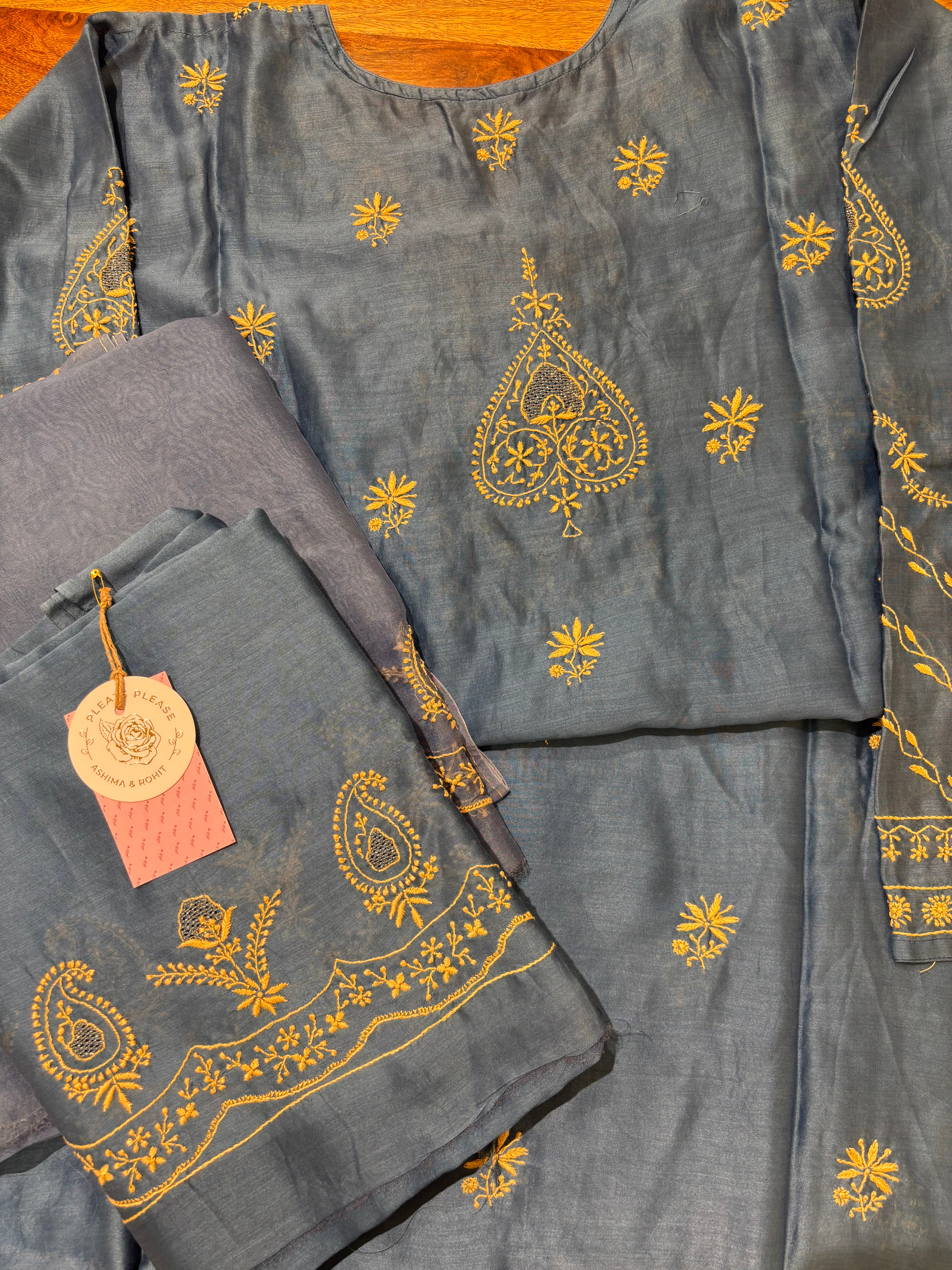 Steel Blue Chanderi Silk Chikankari Kurta & Organza Dupatta With Bottom