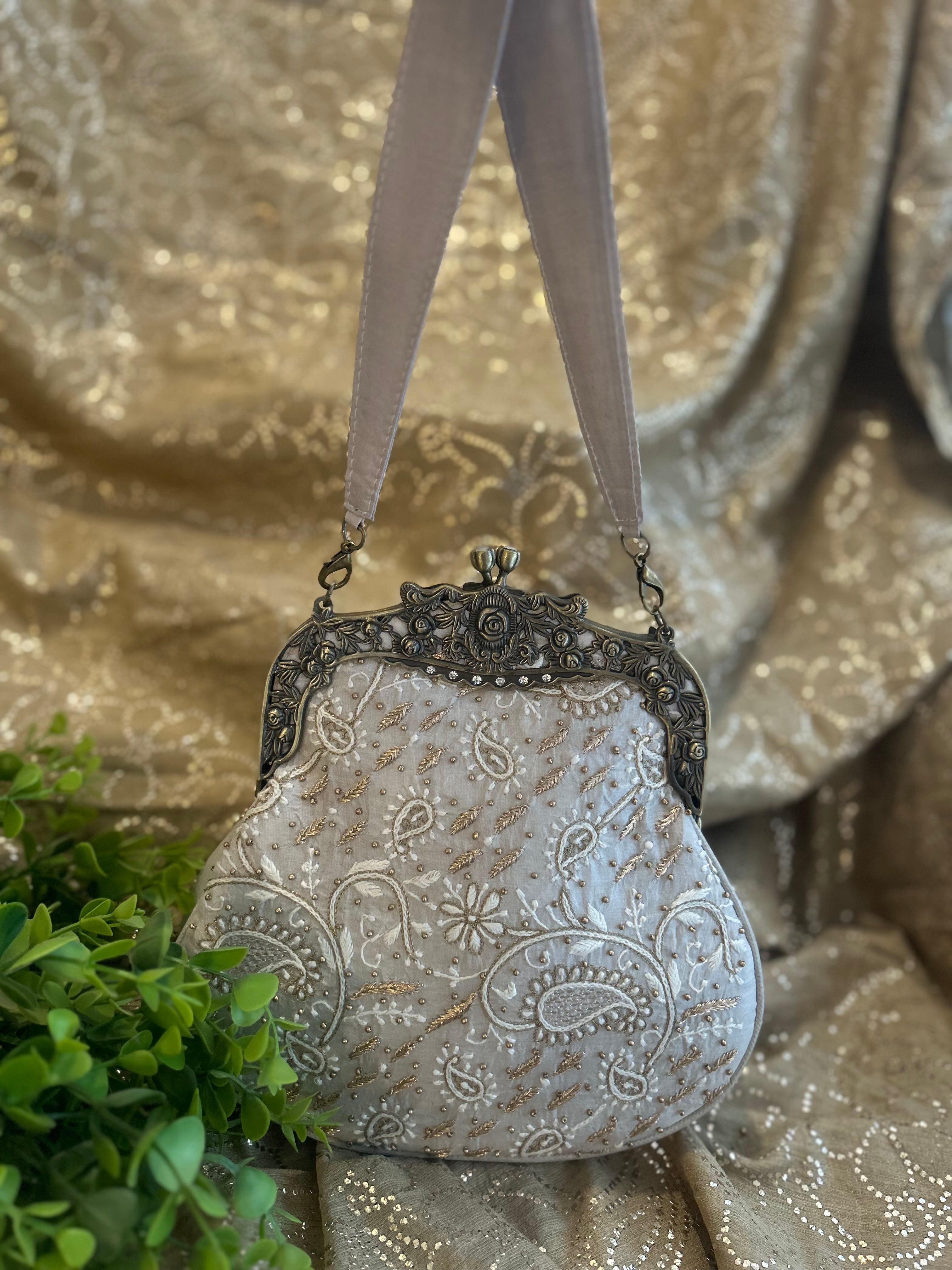 Bottle Grey Chikankari Clutch Bag