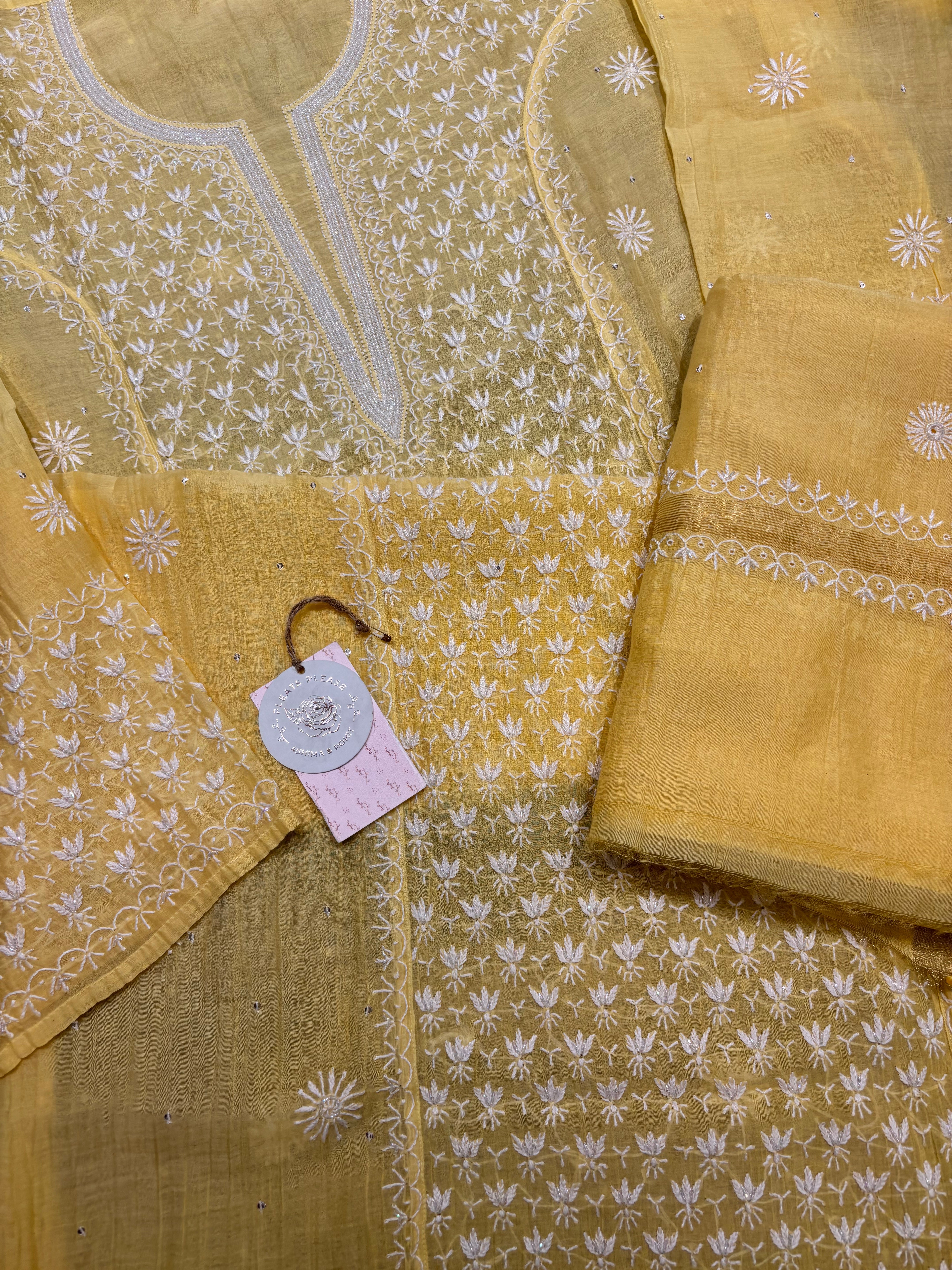 Yellow Chanderi Mul Chikankari Kurta and Dupatta Set