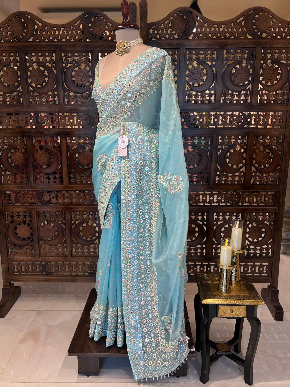 Pastel Blue Organza Mirror Chikankari Saree