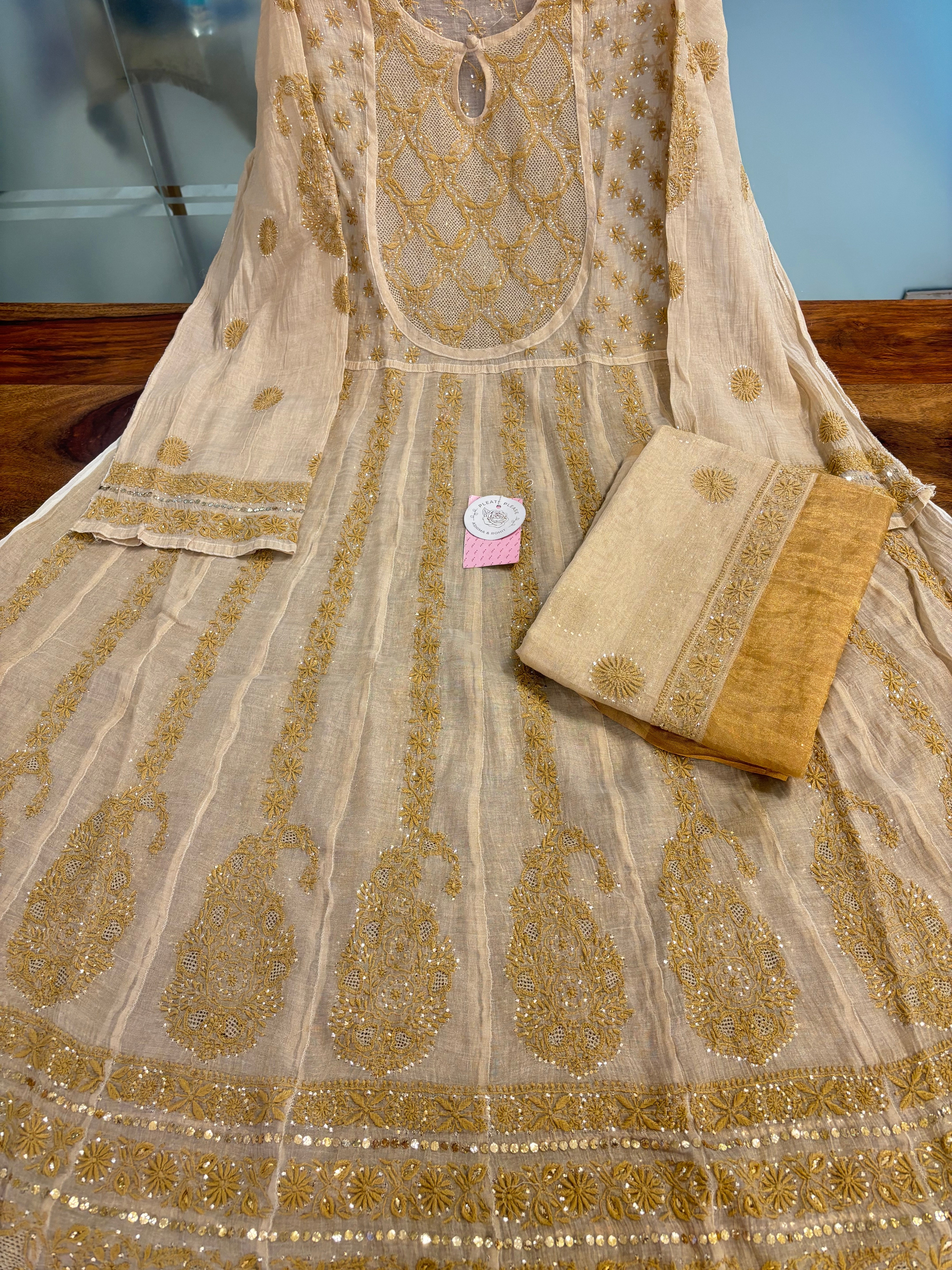 Dyeable Pure & Premium Tissue Mukaish Chikankari Bajirao Anarkali & Dupatta