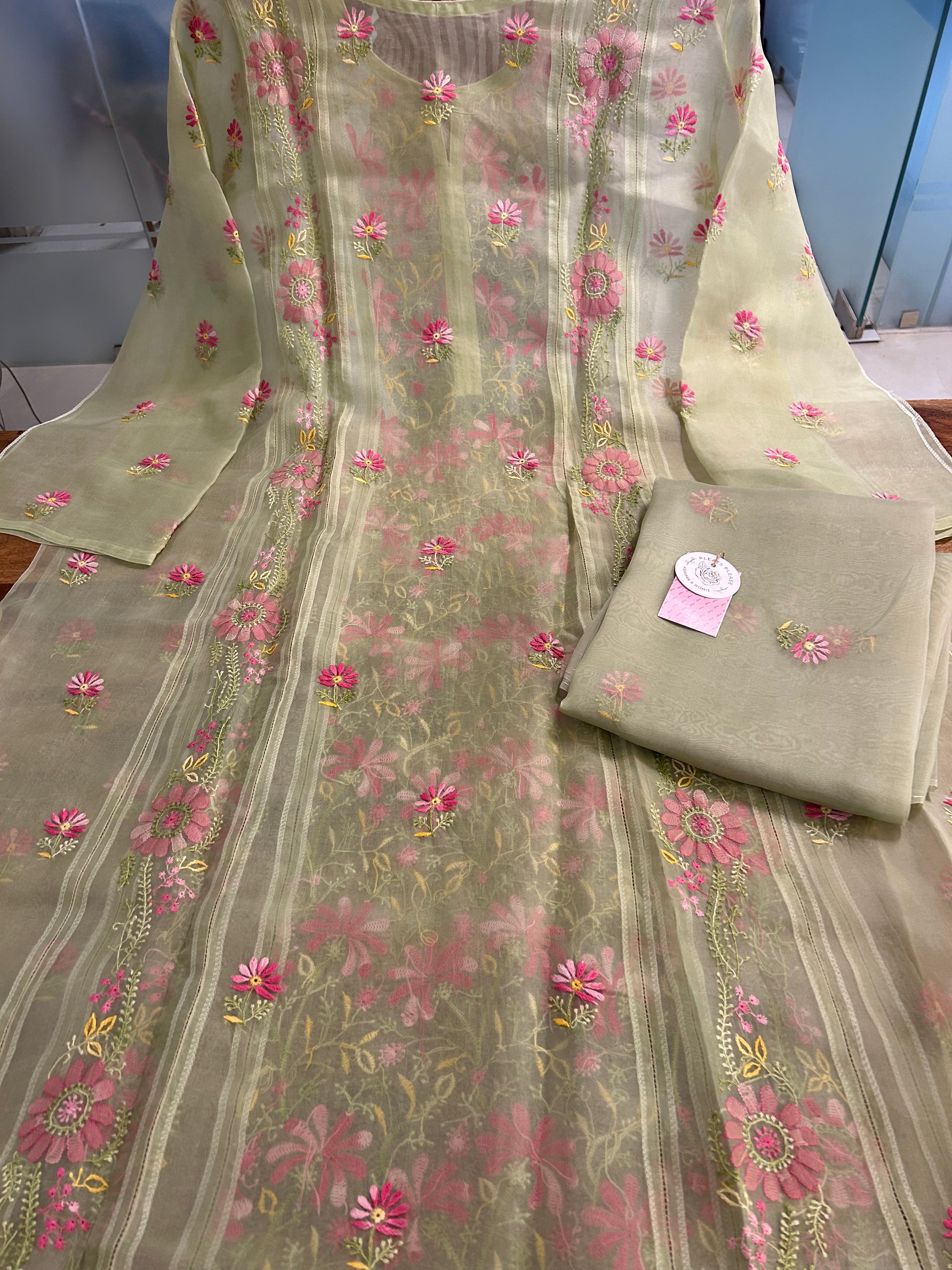Sage Mist Pure Organza Chikankari Kurta & Dupatta