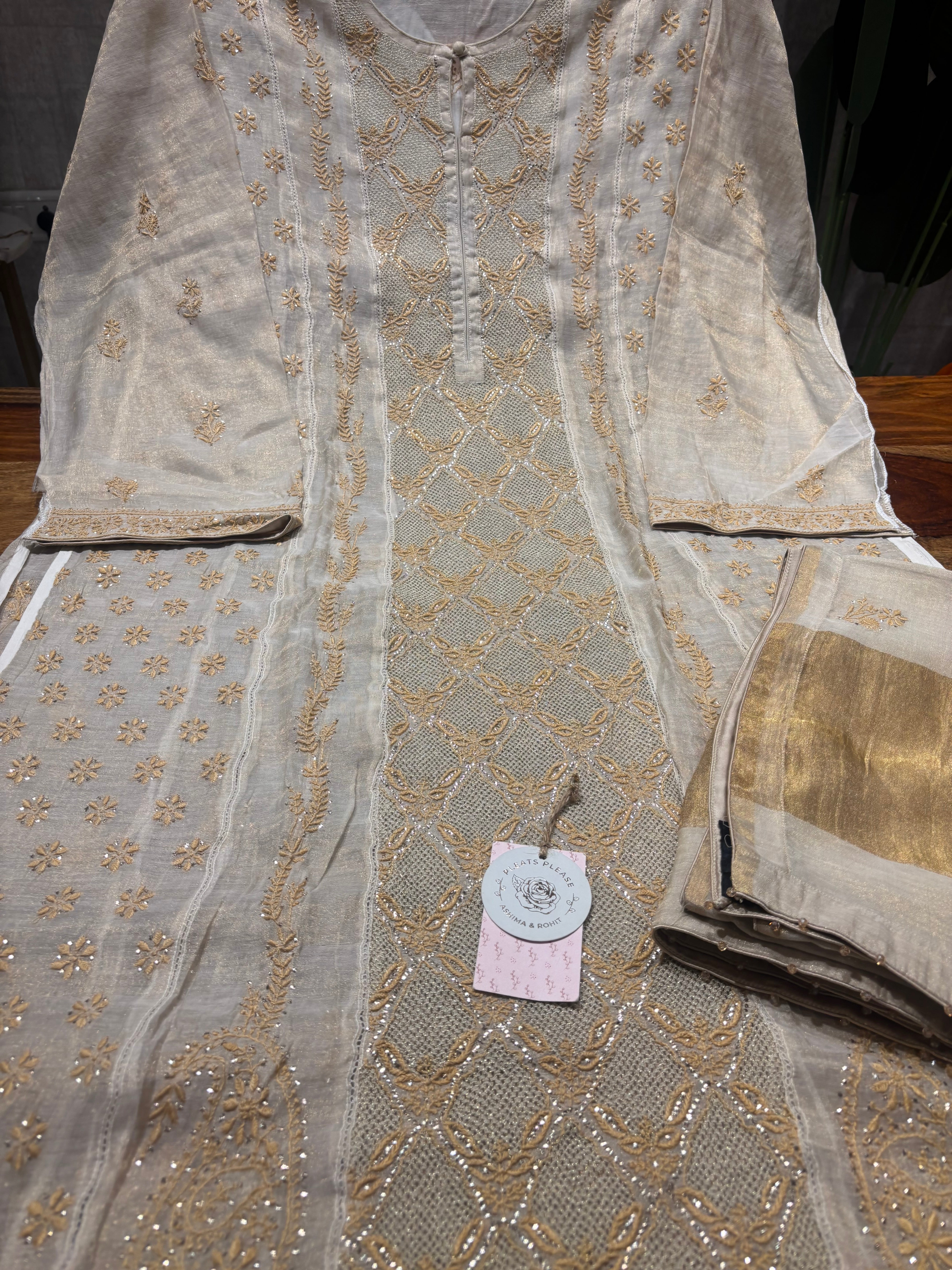 Dyeable Pure Tissue Kalidar Chikankari Kurta and Dupatta set