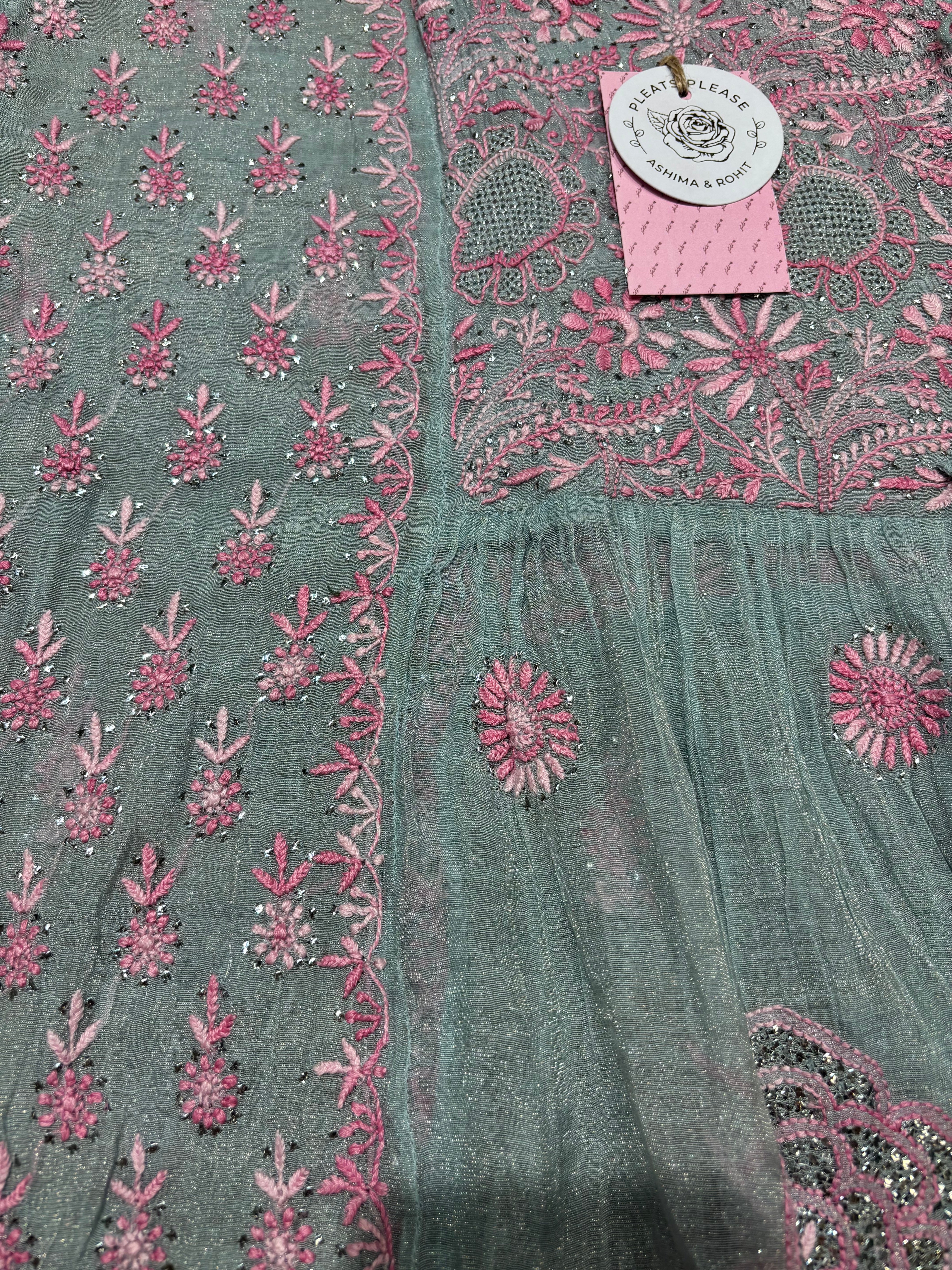 Powder Blue Pure and Premium Tissue Chikankari &Mukaish Angrakha  Kurta and Dupatta Set