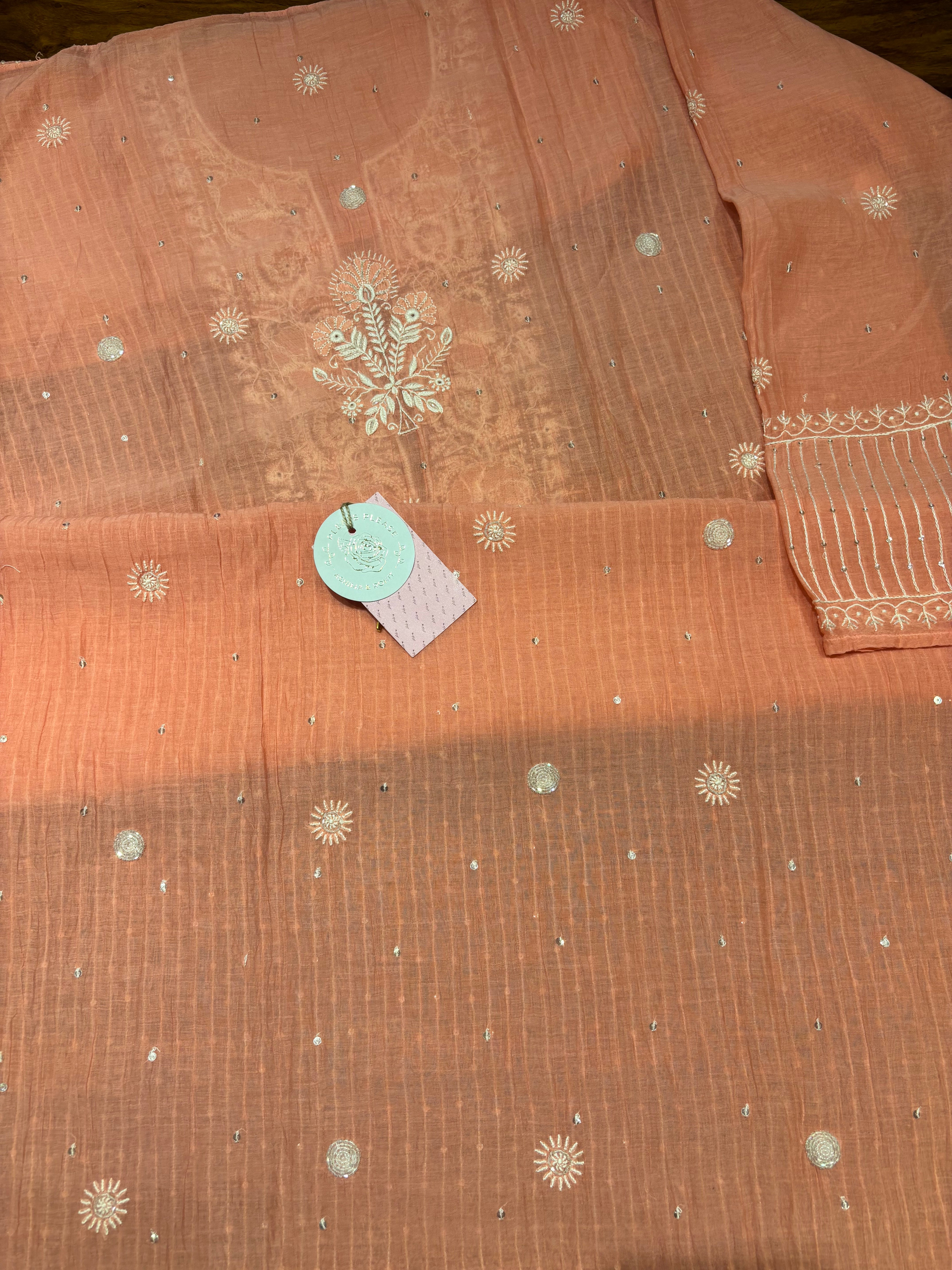 Coral Pink Chanderi Mul Chikankari Kurta & Dupatta Set
