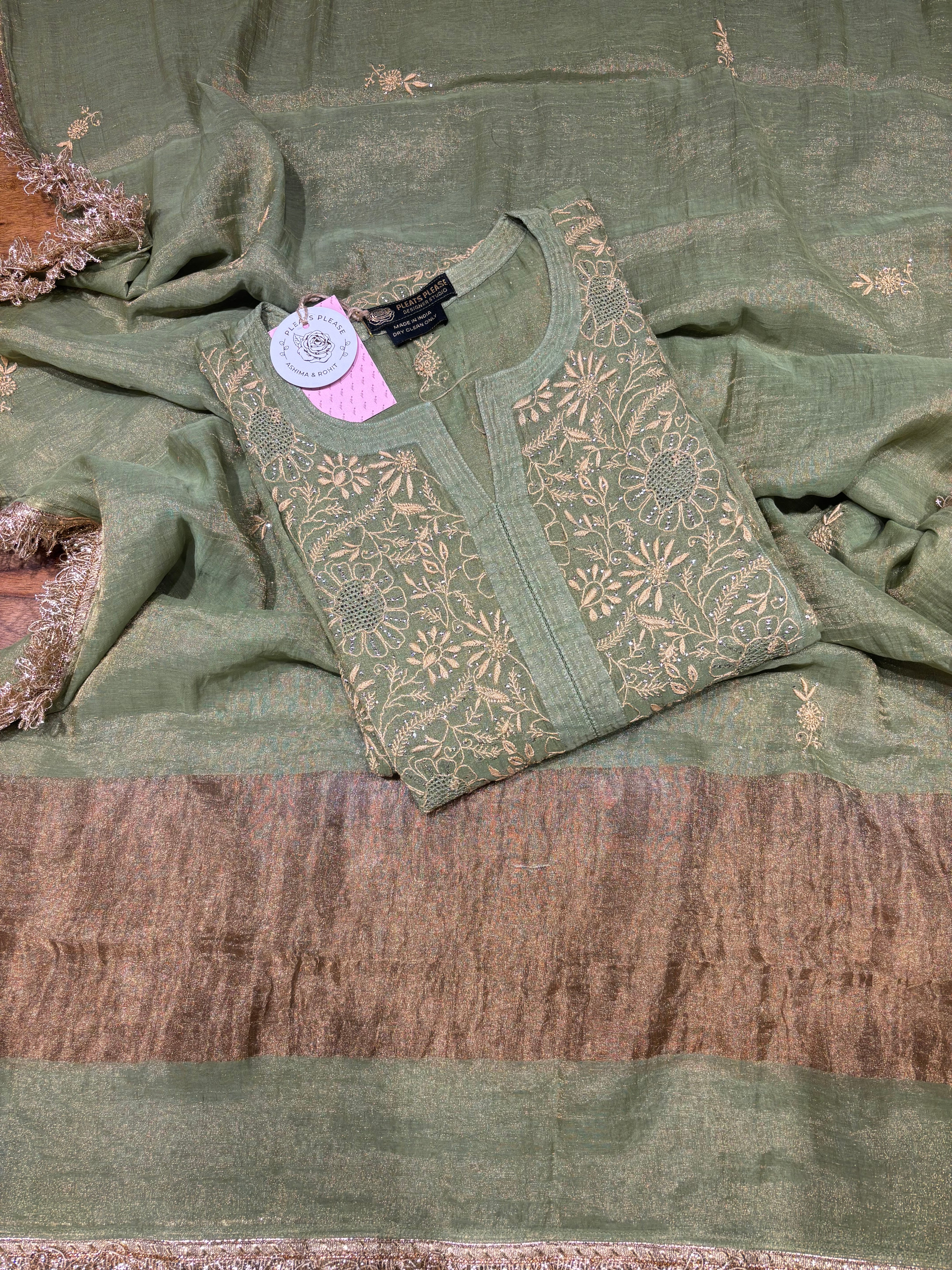 Green Pure & Premium Tissue Chikankari Kurta & Dupatta Set