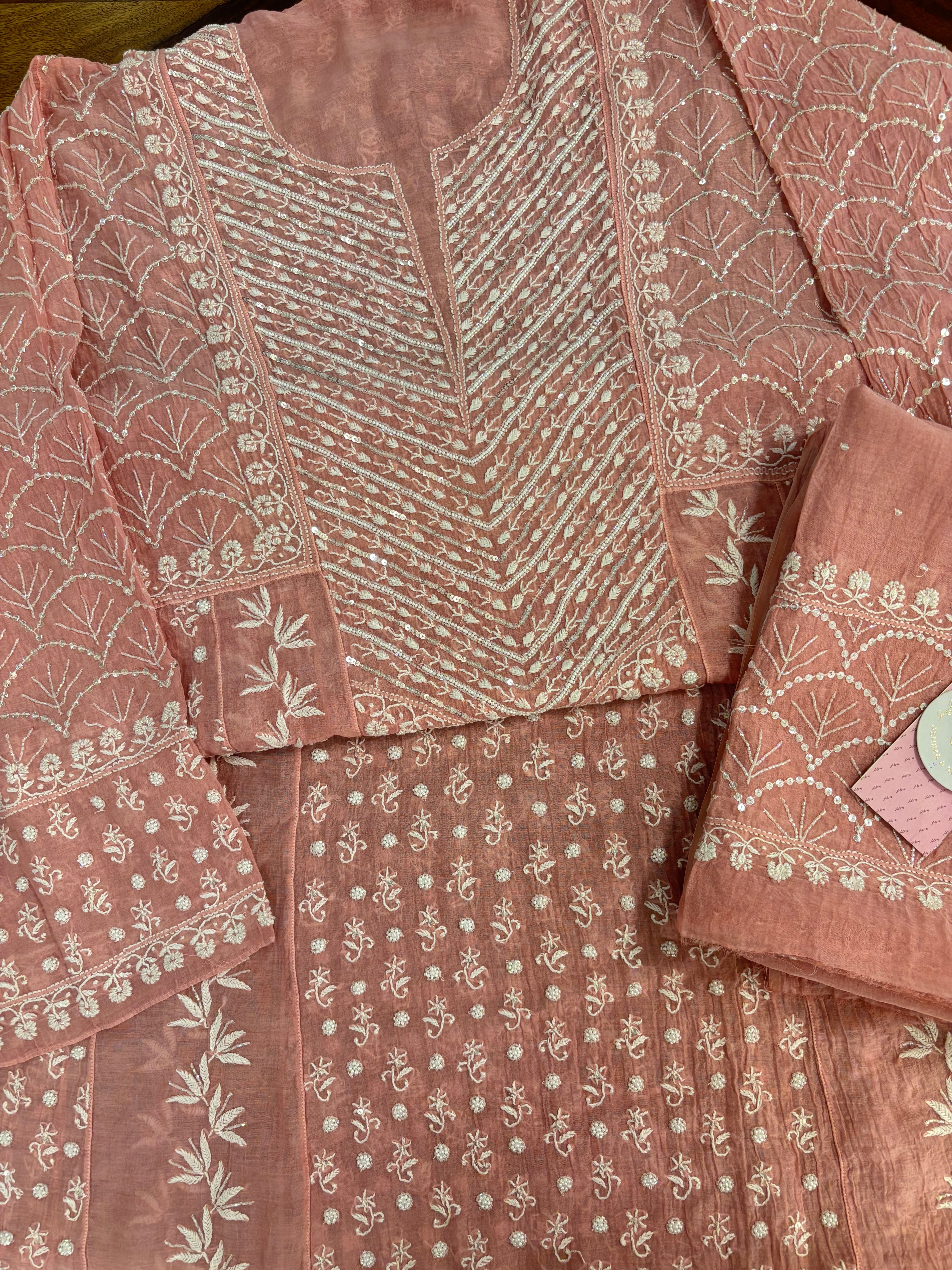 Coral Peach Chanderi Mul Chikankari Anarkali & Dupatta Set