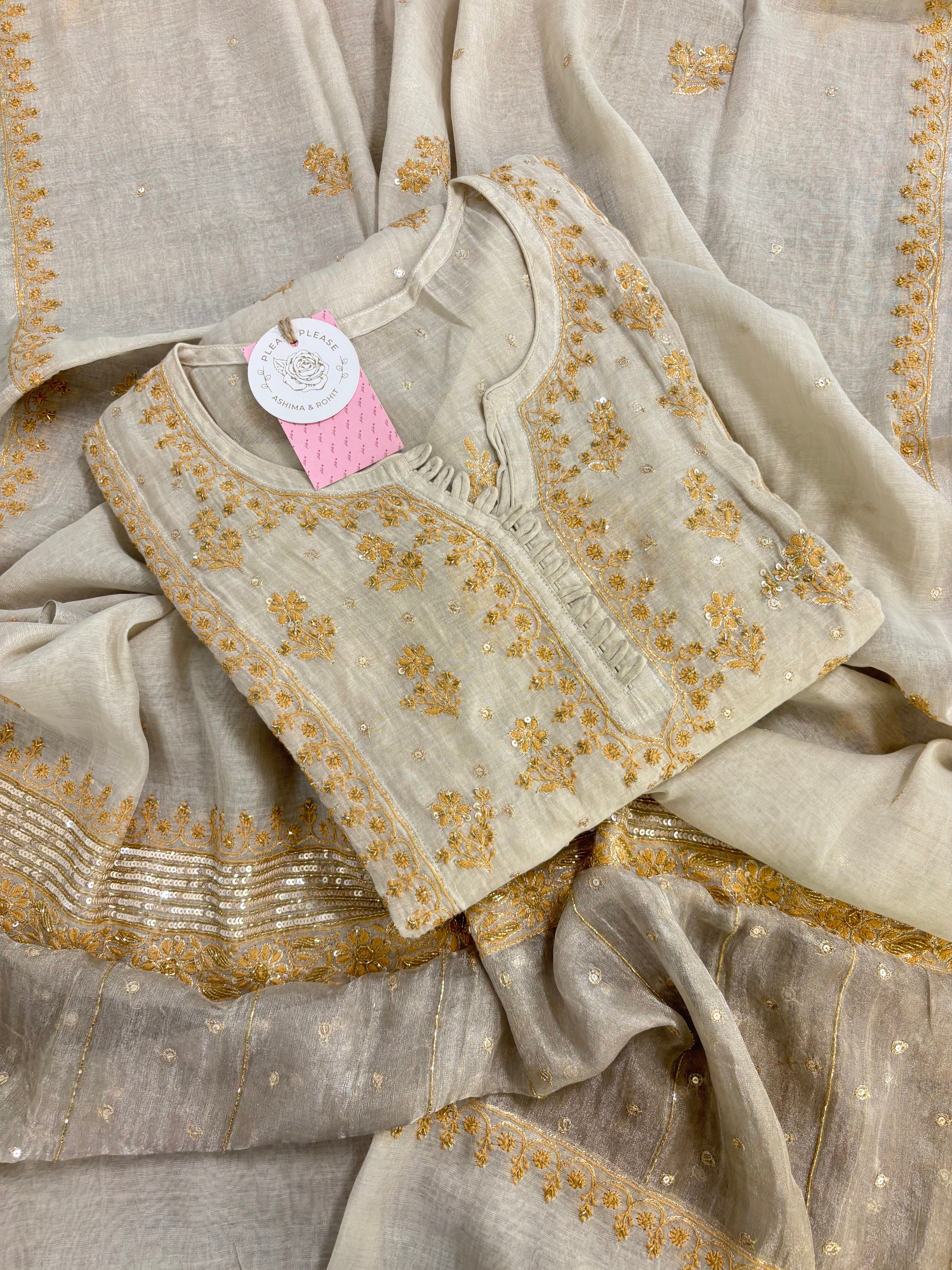 Dyeable Pure & Premium Tissue Ivory Silver Chikankari Anarkali & Dupatta