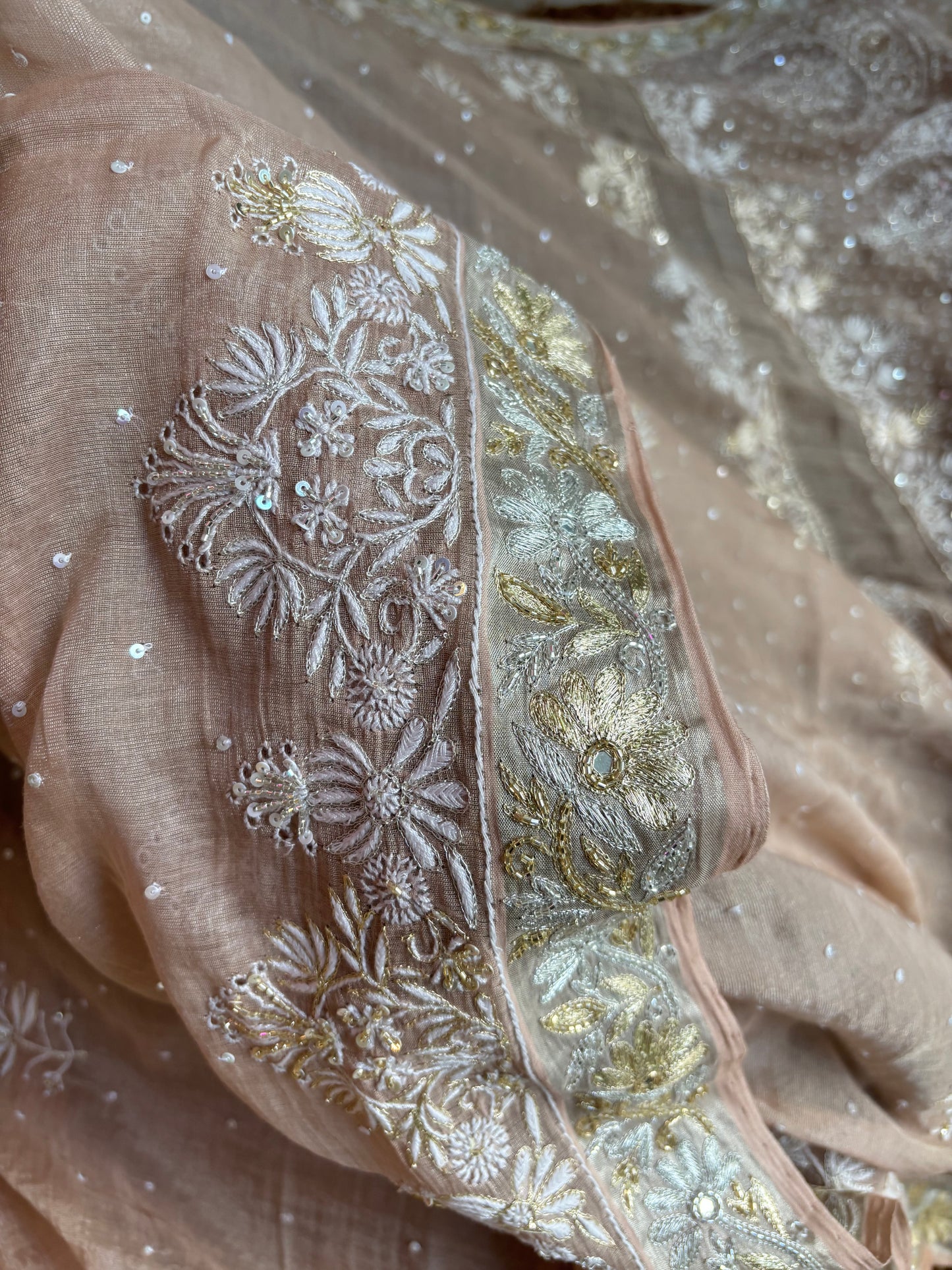 Rosegold Pure Tissue Chikankari Saree