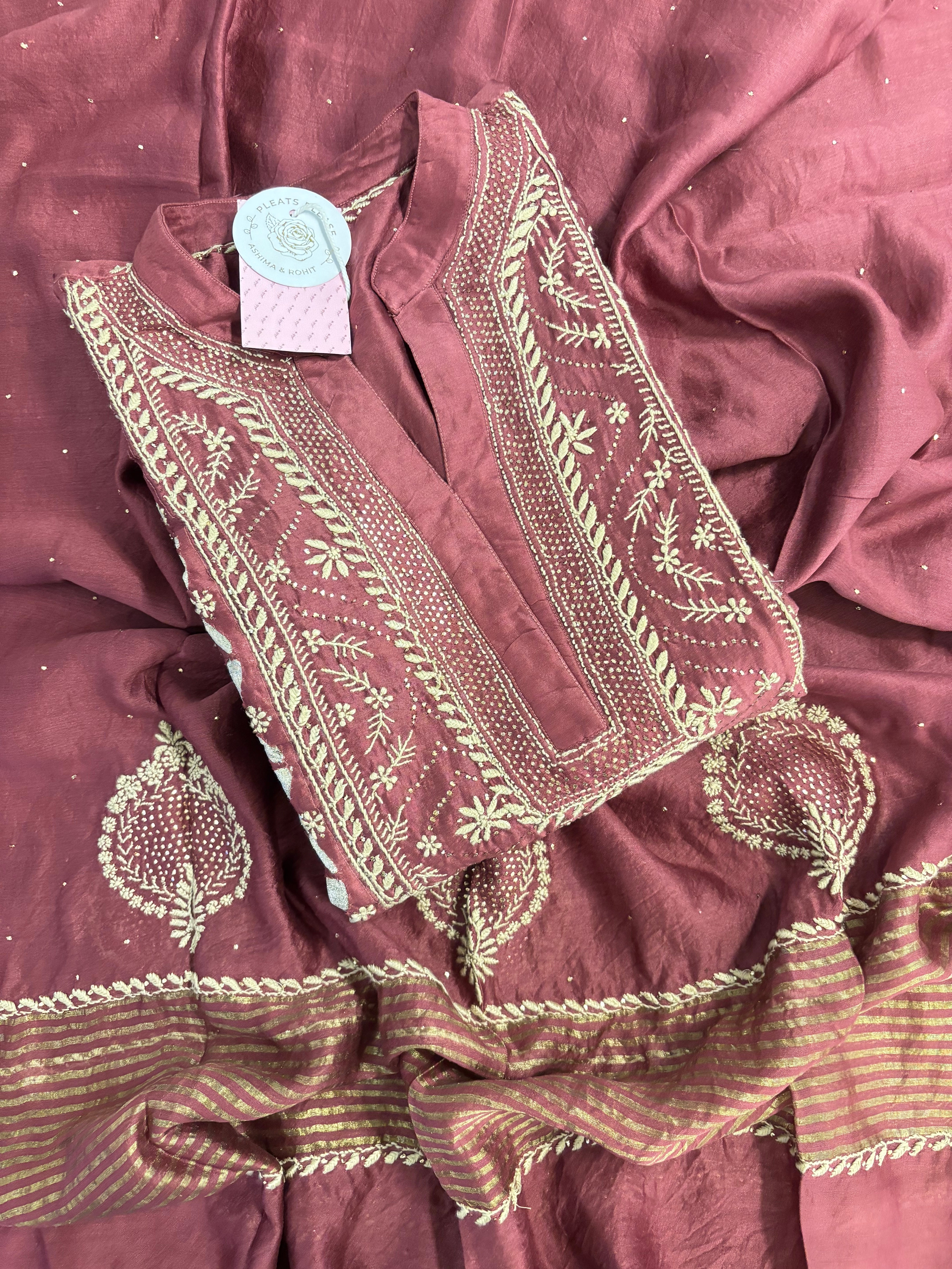 Maroon Chanderi Chikankari Mukaish Kurta & Dupatta
