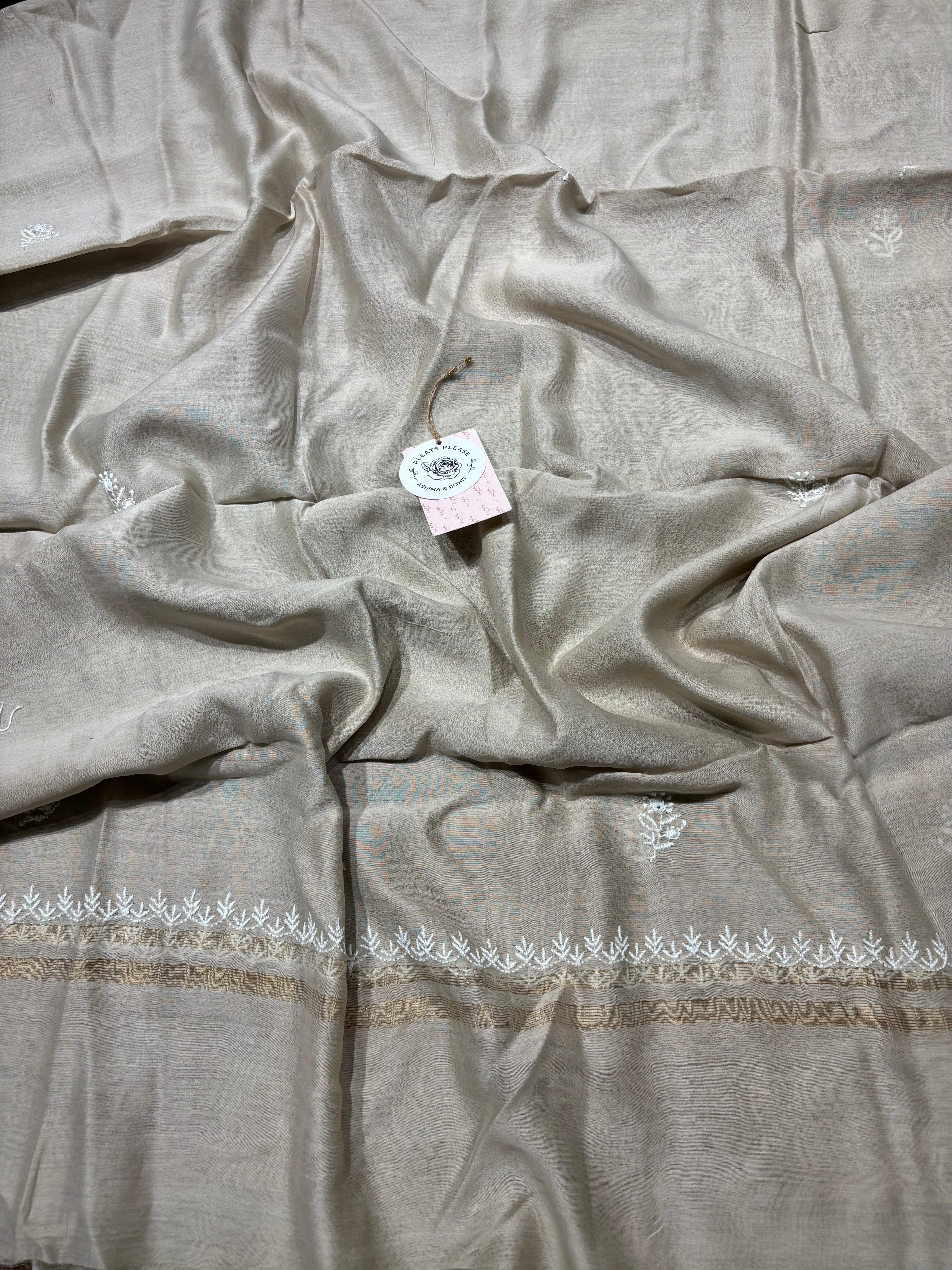 Coffee Creme Chanderi Silk Chikankari Kurta And Dupatta Fabric