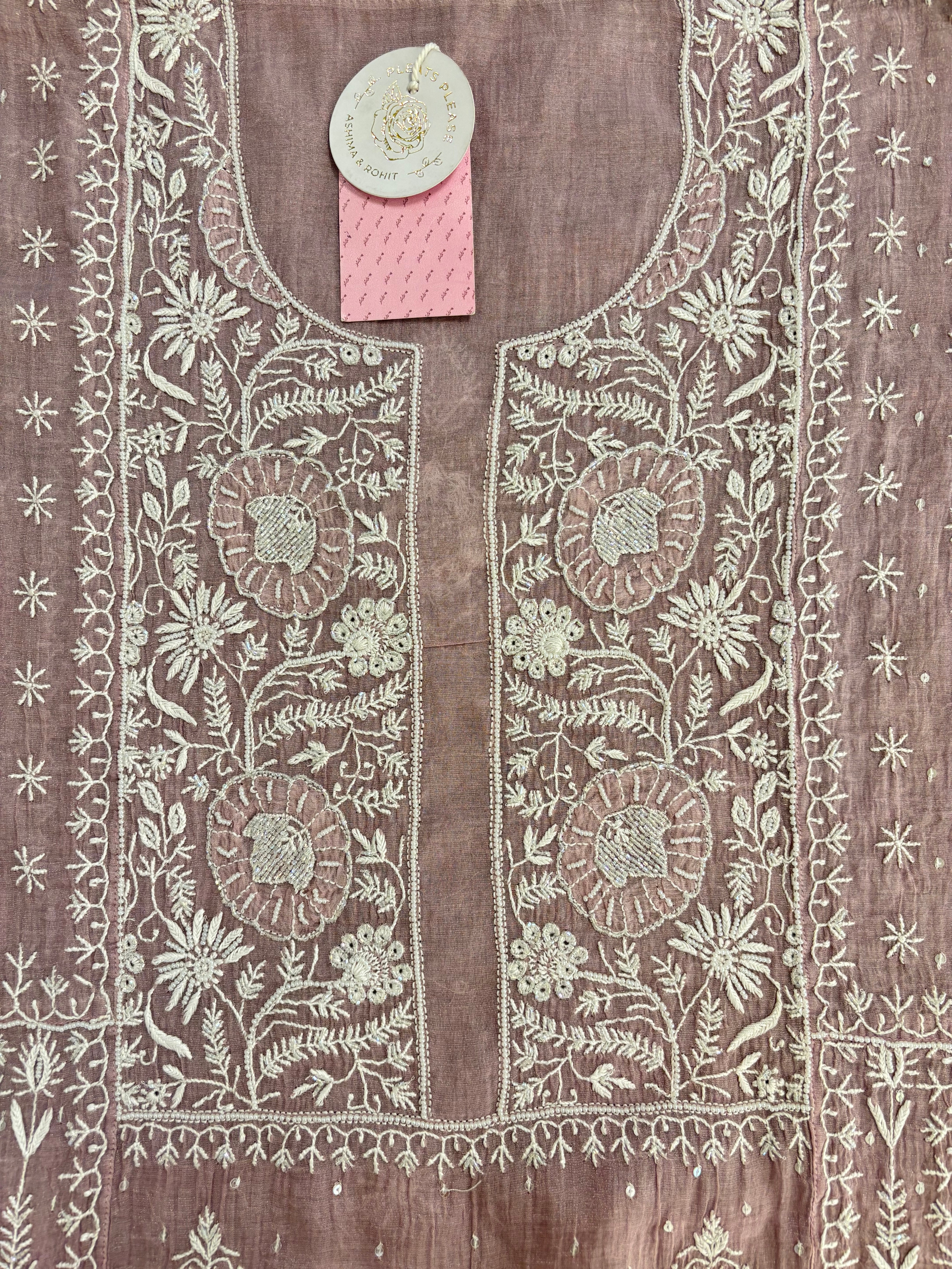 Mauve Pink Pure Tissue Chikankari Anarkali & Dupatta Set