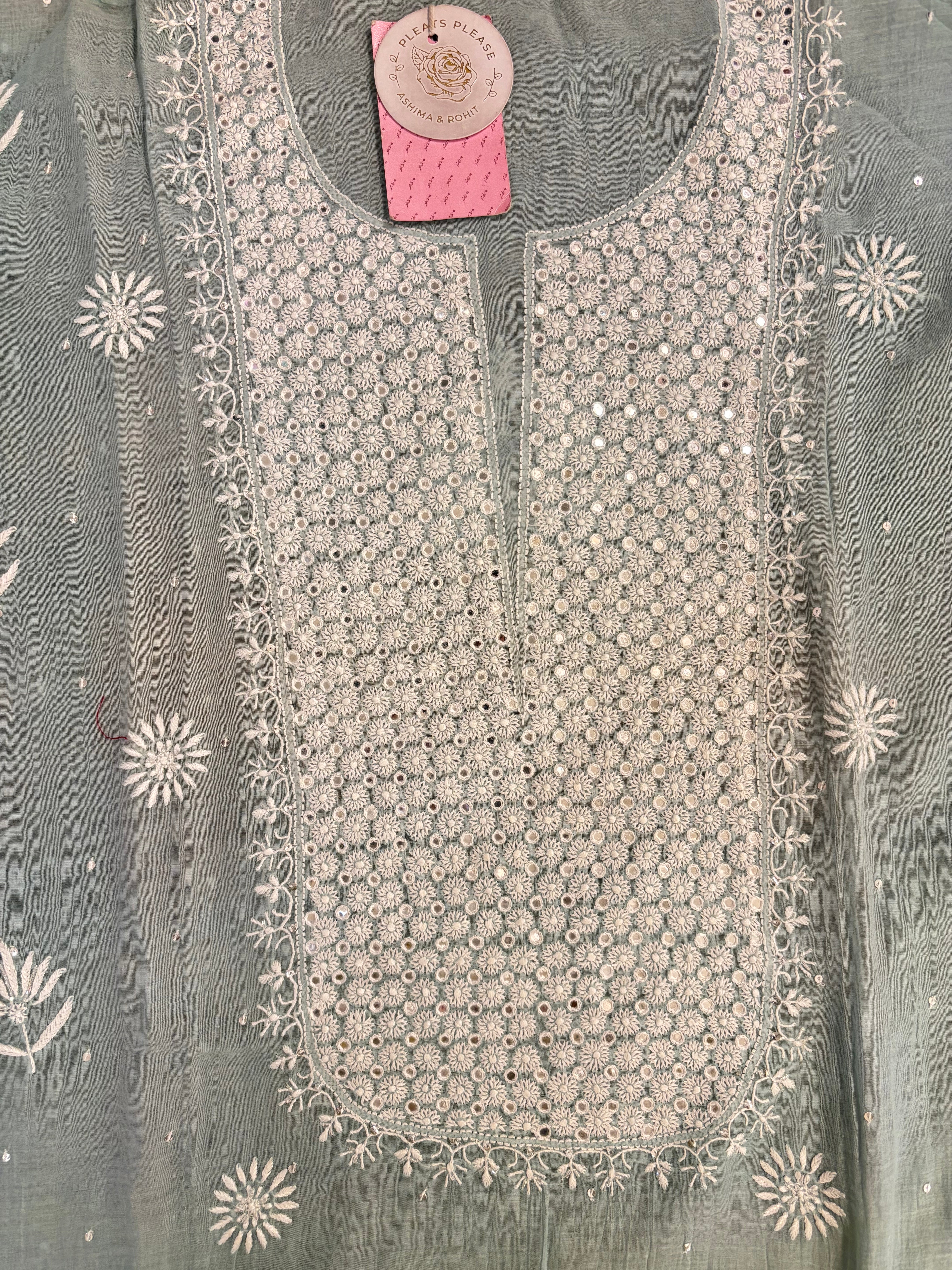 Dusty Sage Green Chanderi Chikankari Kurta & Dupatta