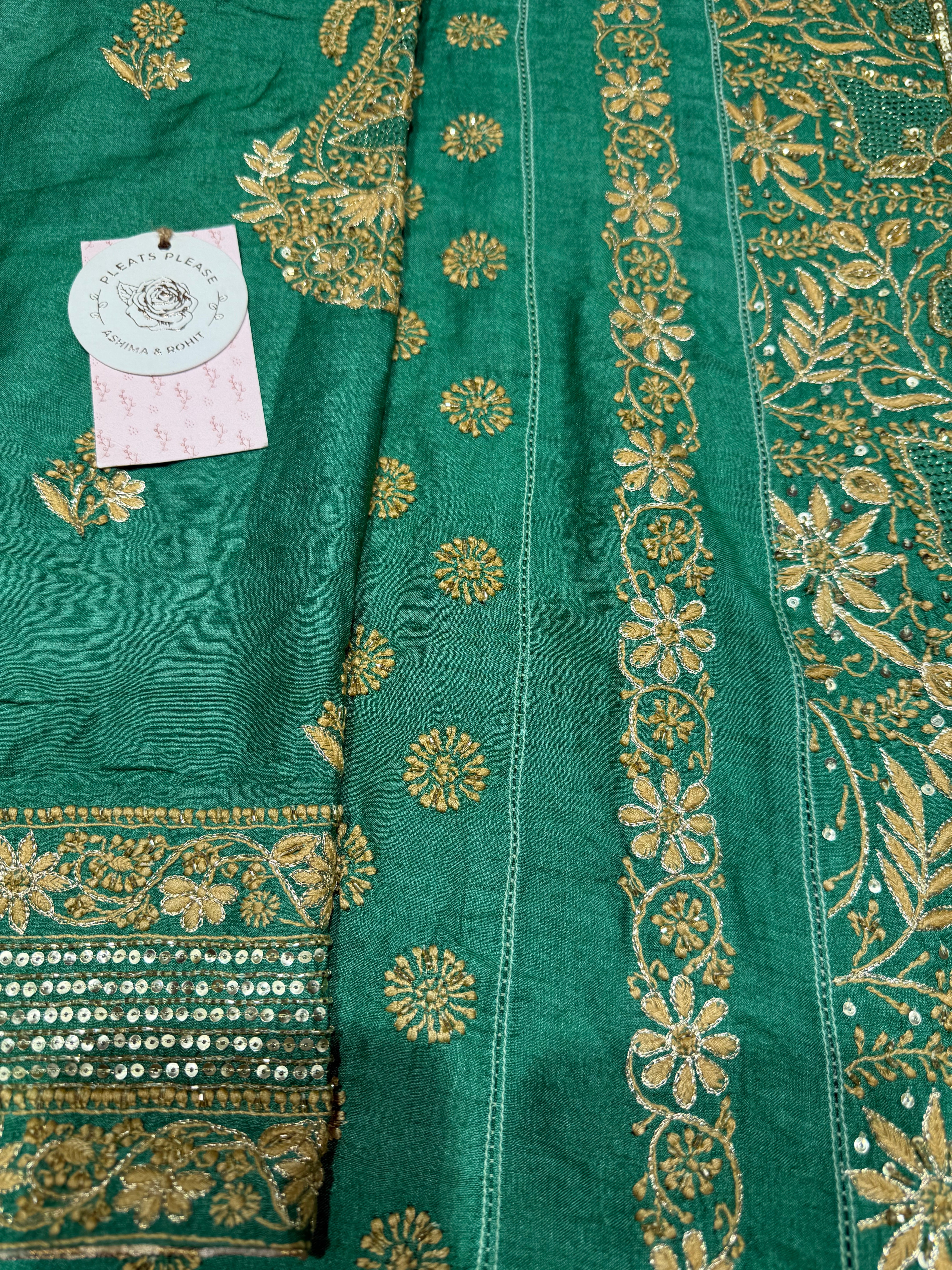 Emerald Green Monga Silk Chikankari A-Line Anarkali & Dupatta Set
