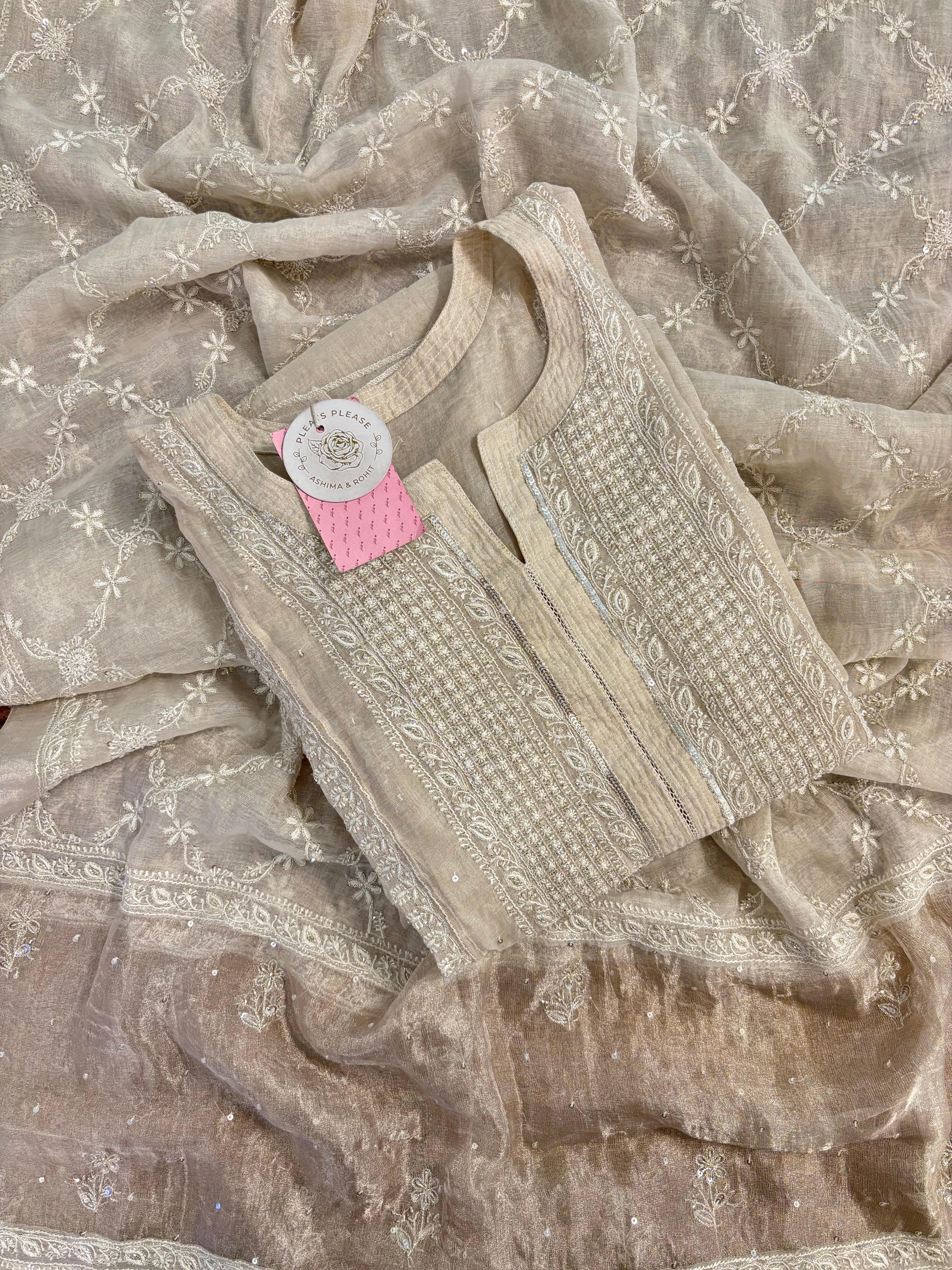 Dyeable Pure Tissue A-line Chikankari Kurta & Dupatta