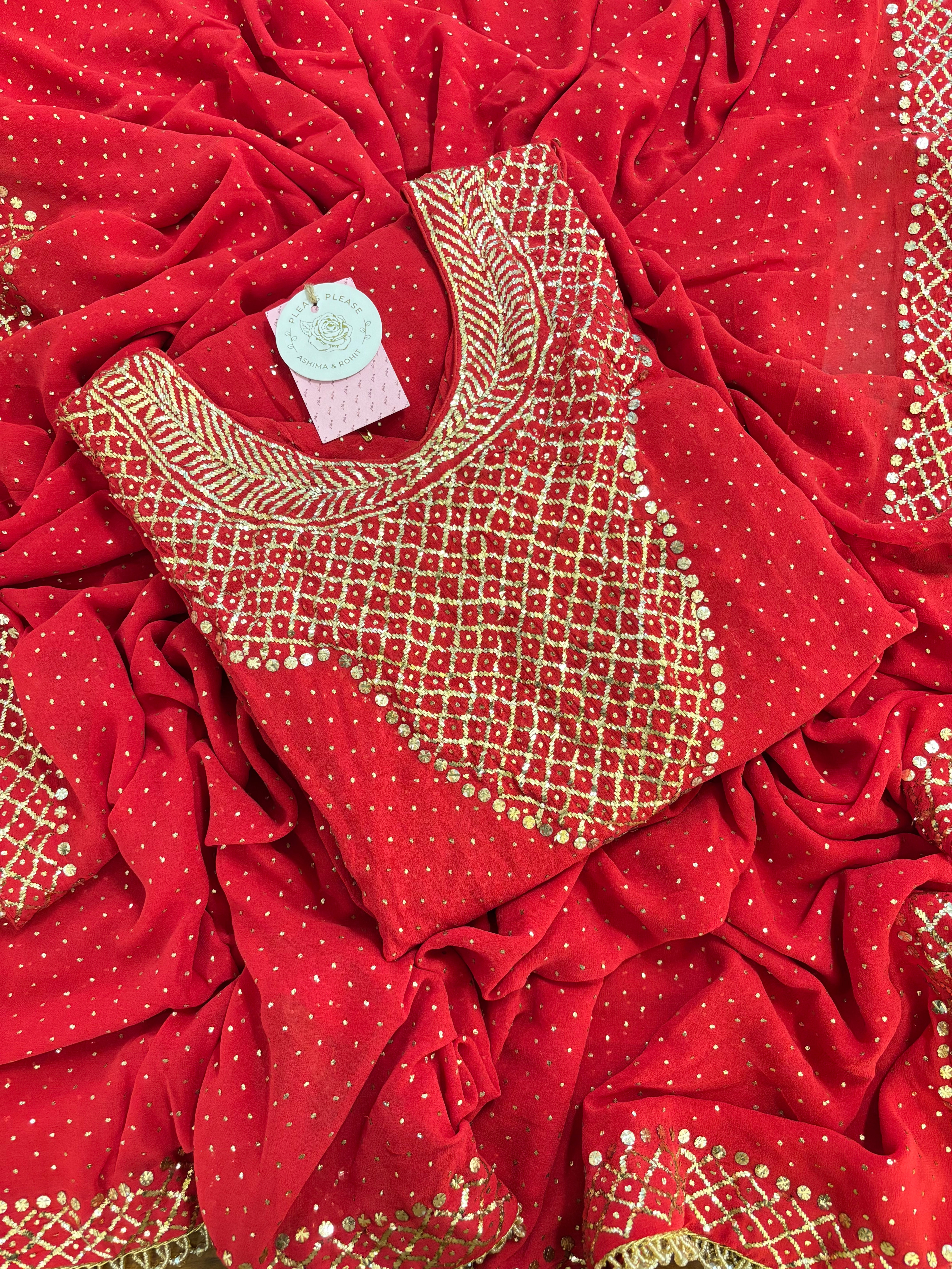 Red Pure & Premium Georgette Mukaish A-Line Kurta & Dupatta