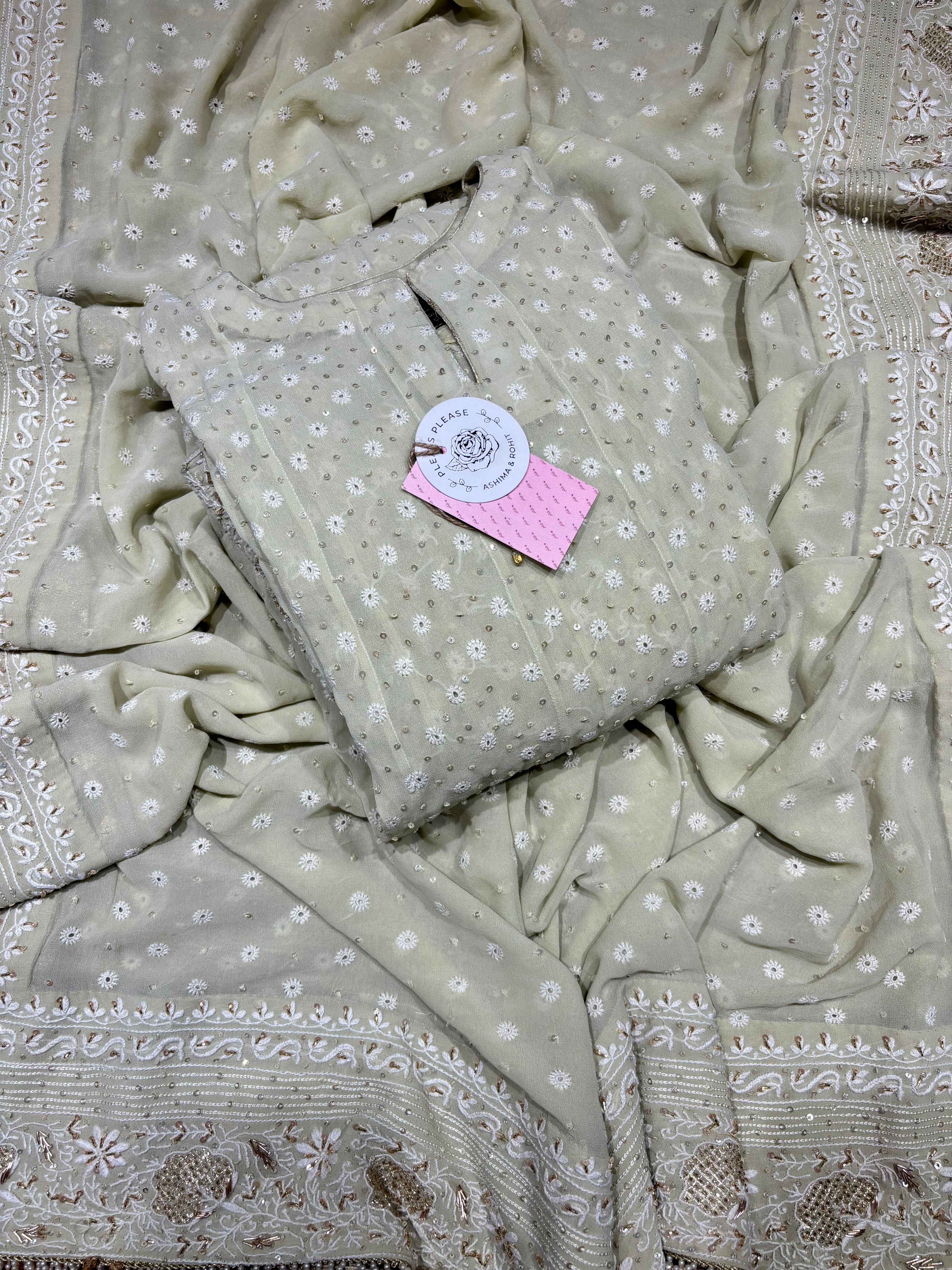 Pistachio Green Pure and  Premium Georgette Chikankari Anarkali and Dupatta set