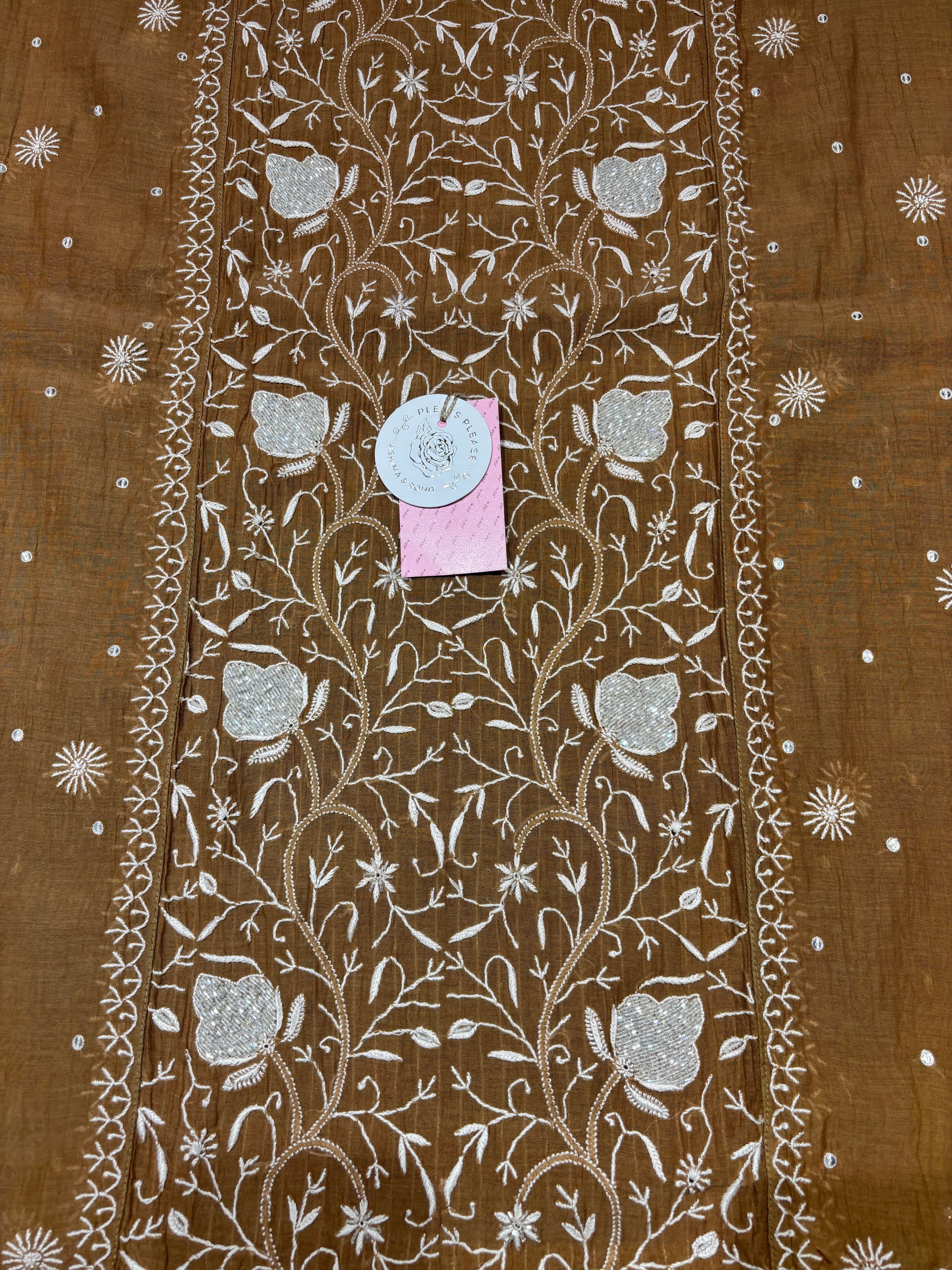 Chocolate Brown Chanderi Mul Chikankari Kurta & Dupatta Set