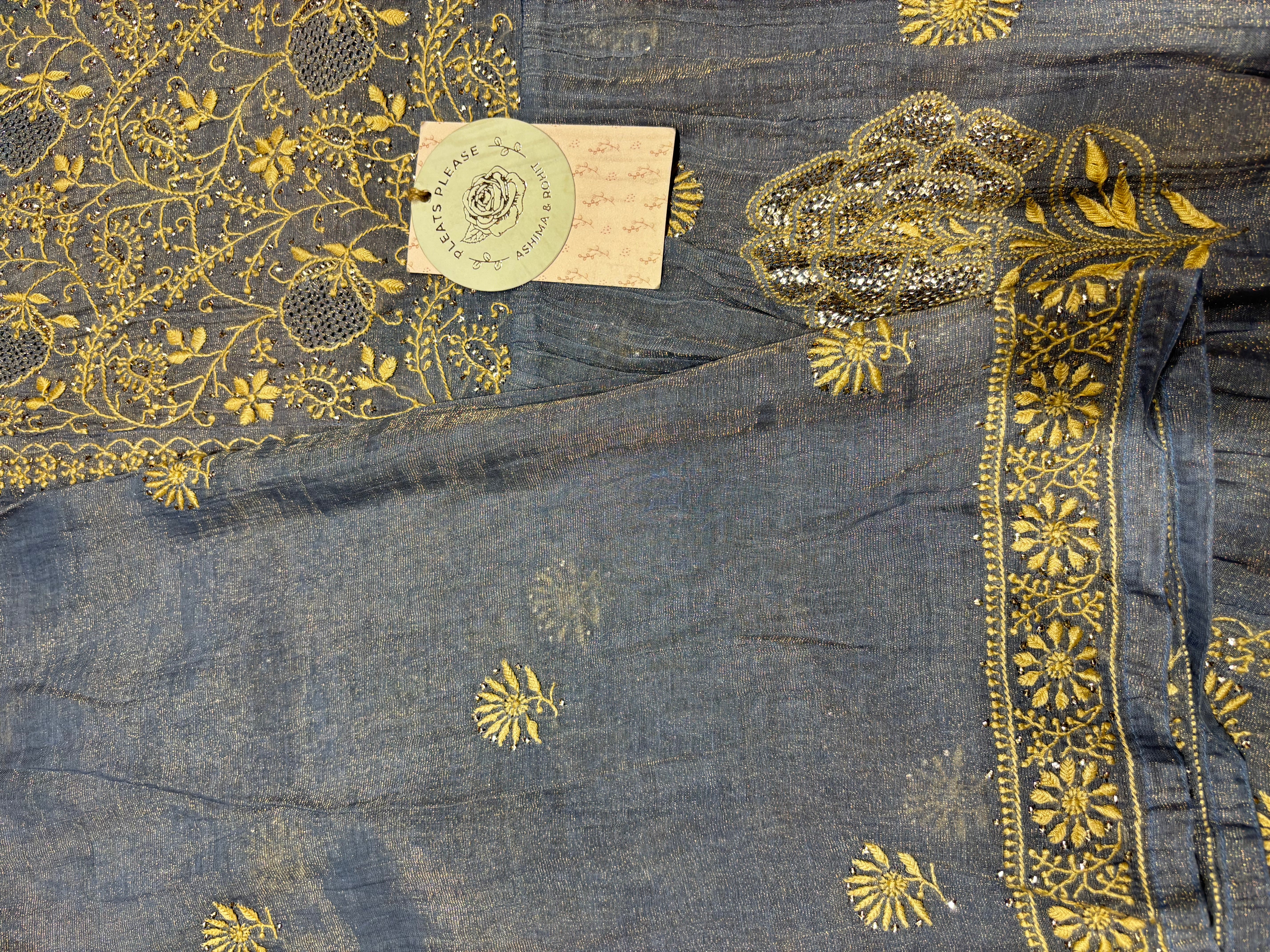 Blue Pure and Premium Tissue Chikankari & Mukaish Angrakha Kurta and Dupatta Set