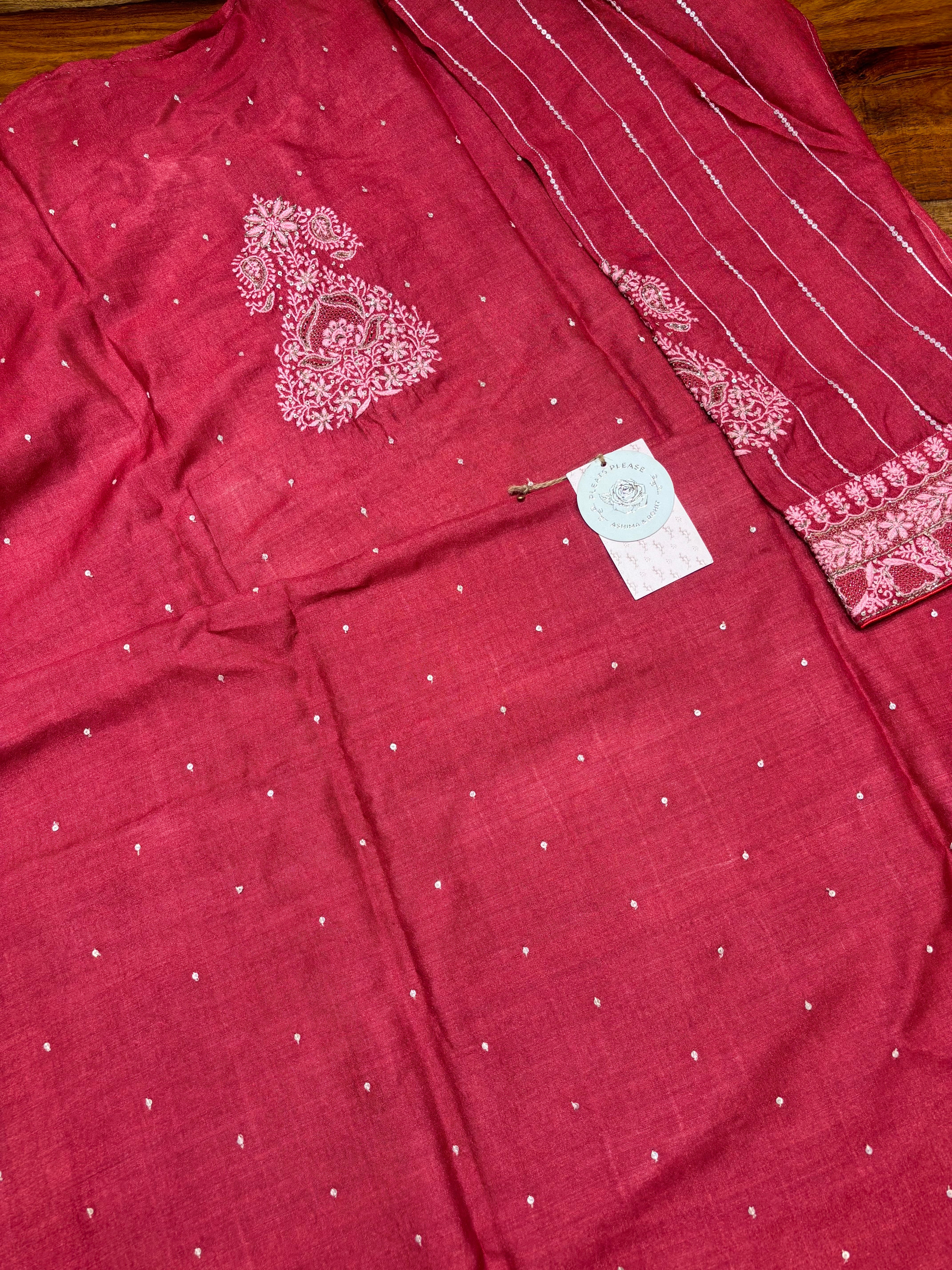Red Monga Silk Chikankari Kurta & Dupatta Set