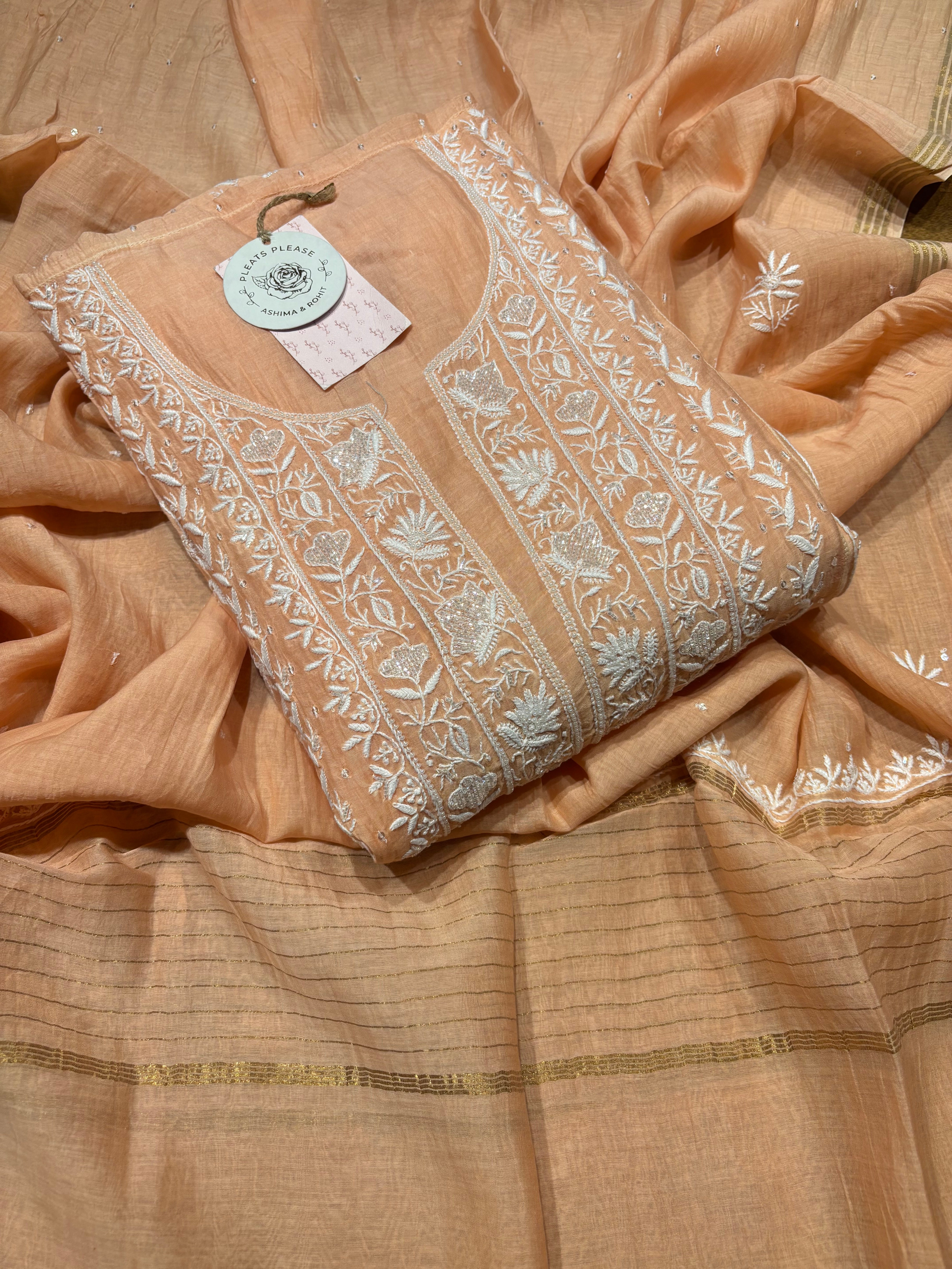 Peach Chanderi Mul Chikankari Anarkali And Dupatta Set