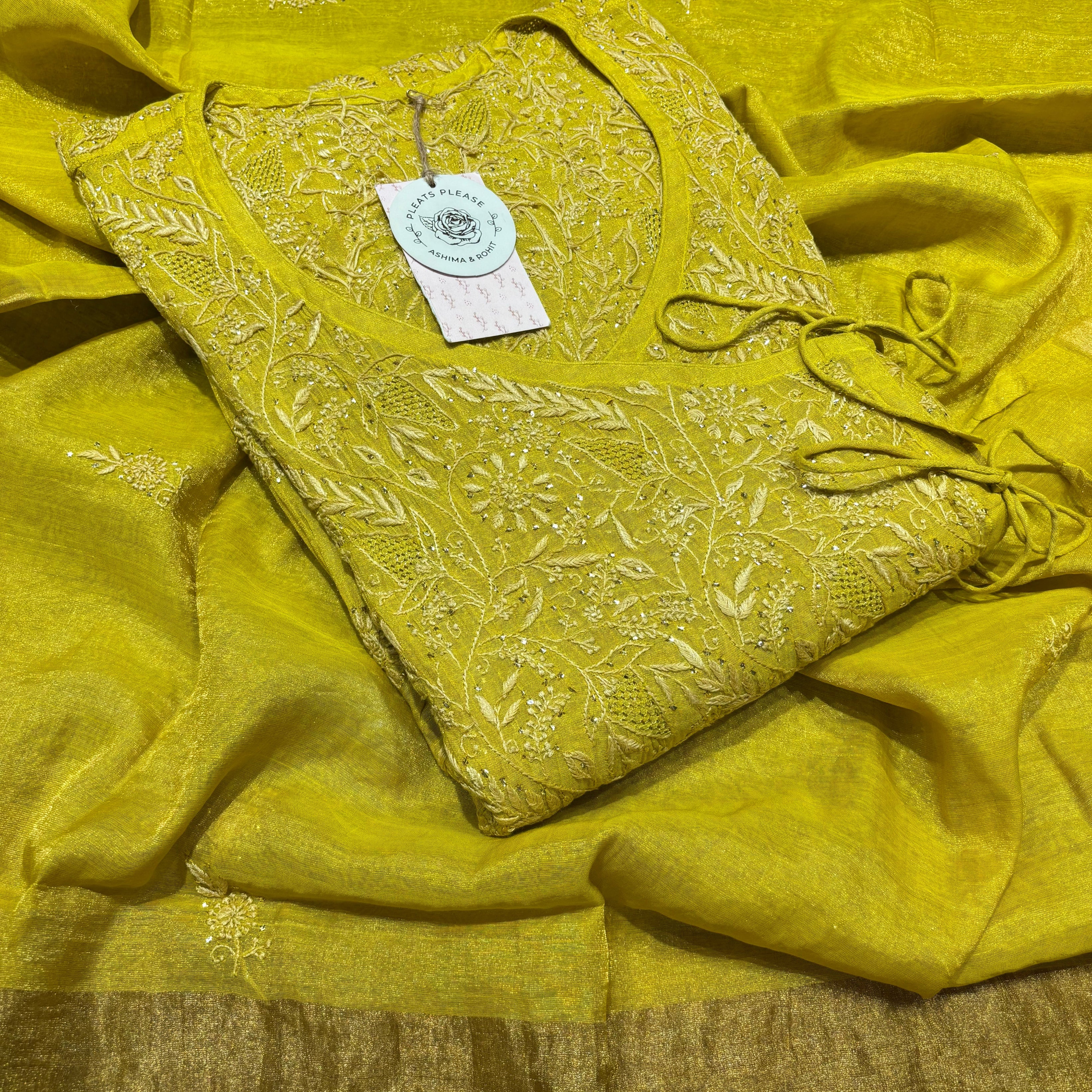 Yellow Pure and Premium Tissue Chikankari & Mukaish Angrakha and Dupatta Set