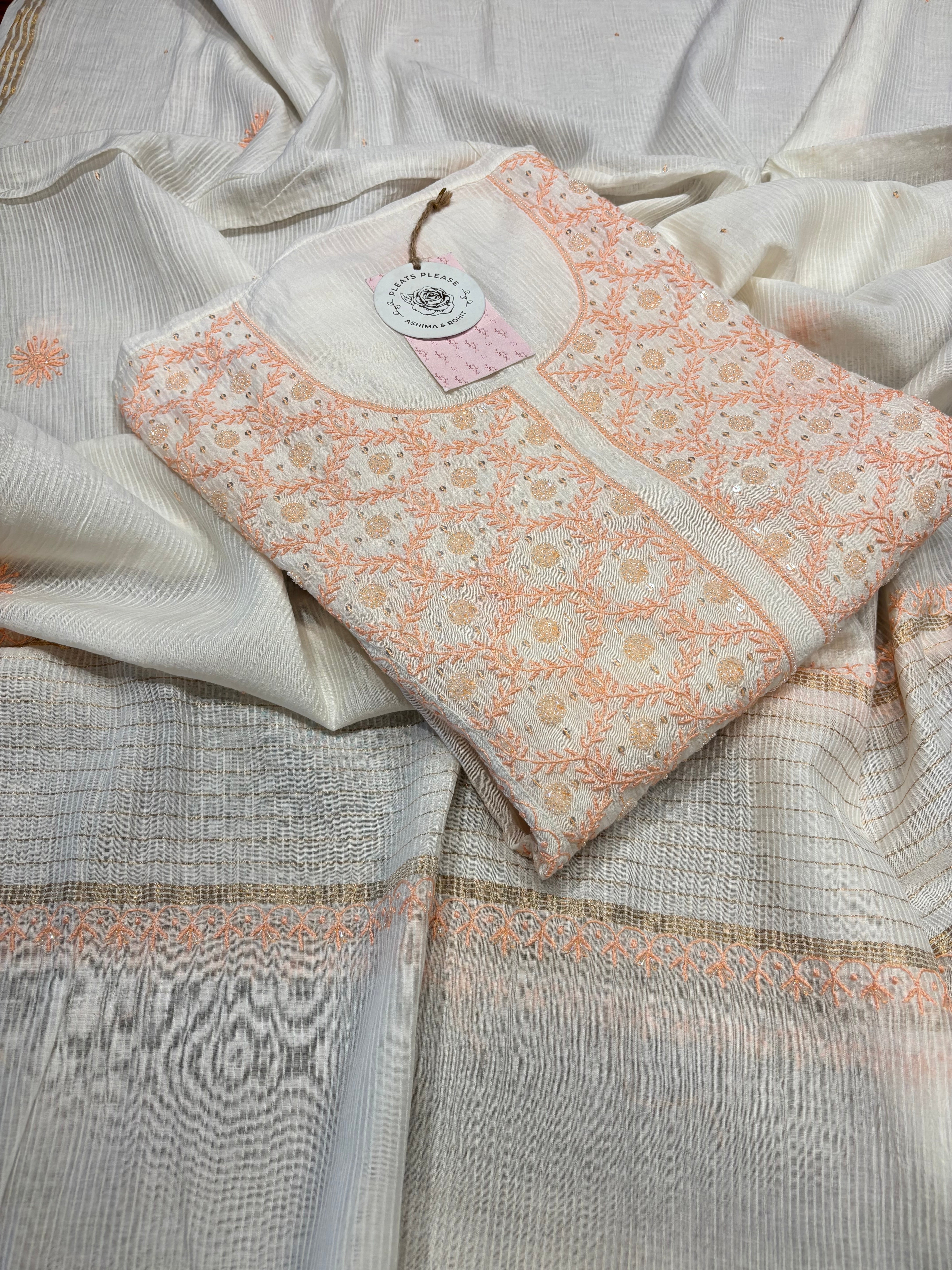 Dyeable Chanderi Maheshwari Chikankari Kurta And Dupatta Set