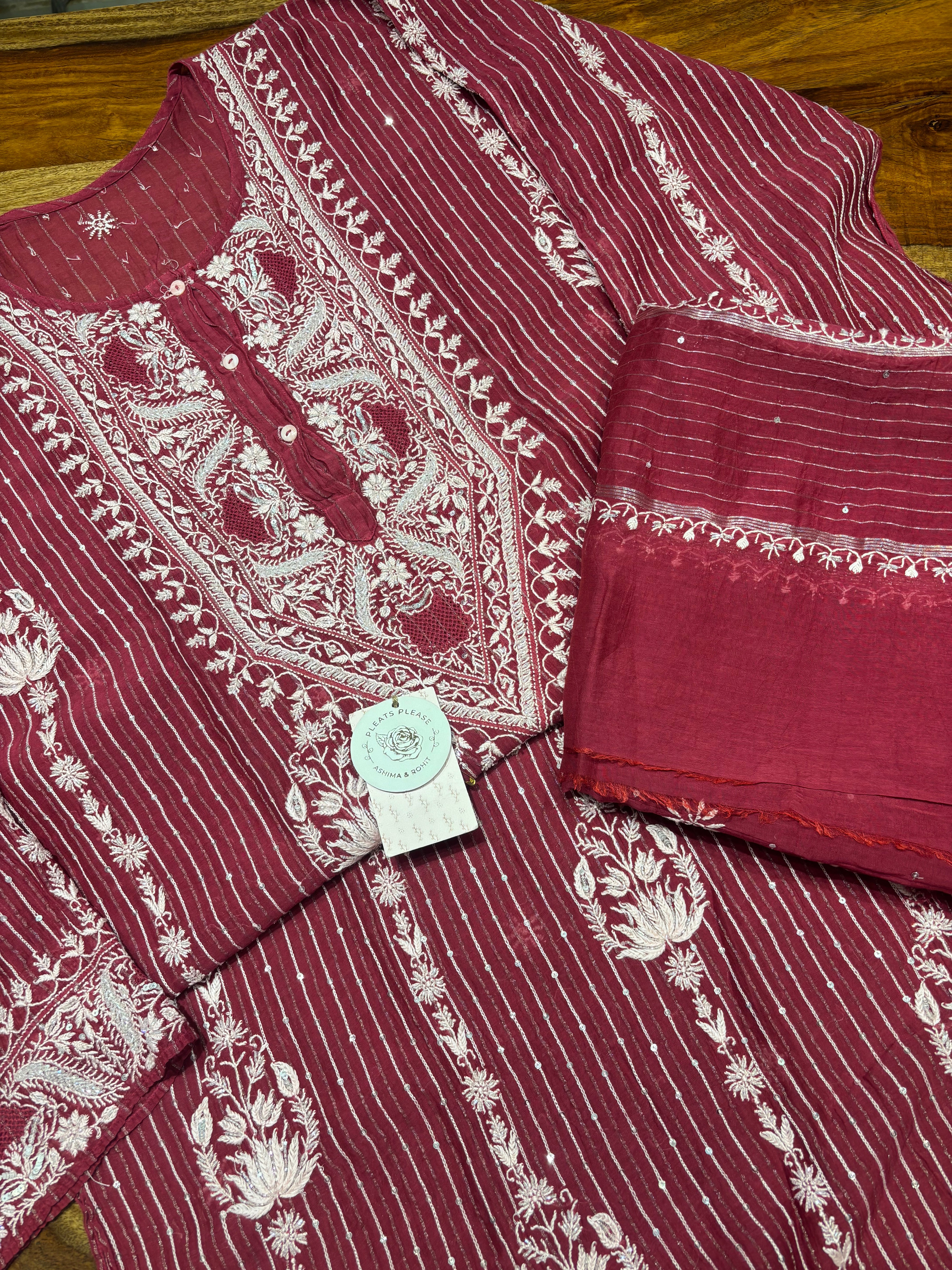 Beetroot Red Chanderi Mul Chikankari Kurta & Dupatta Set