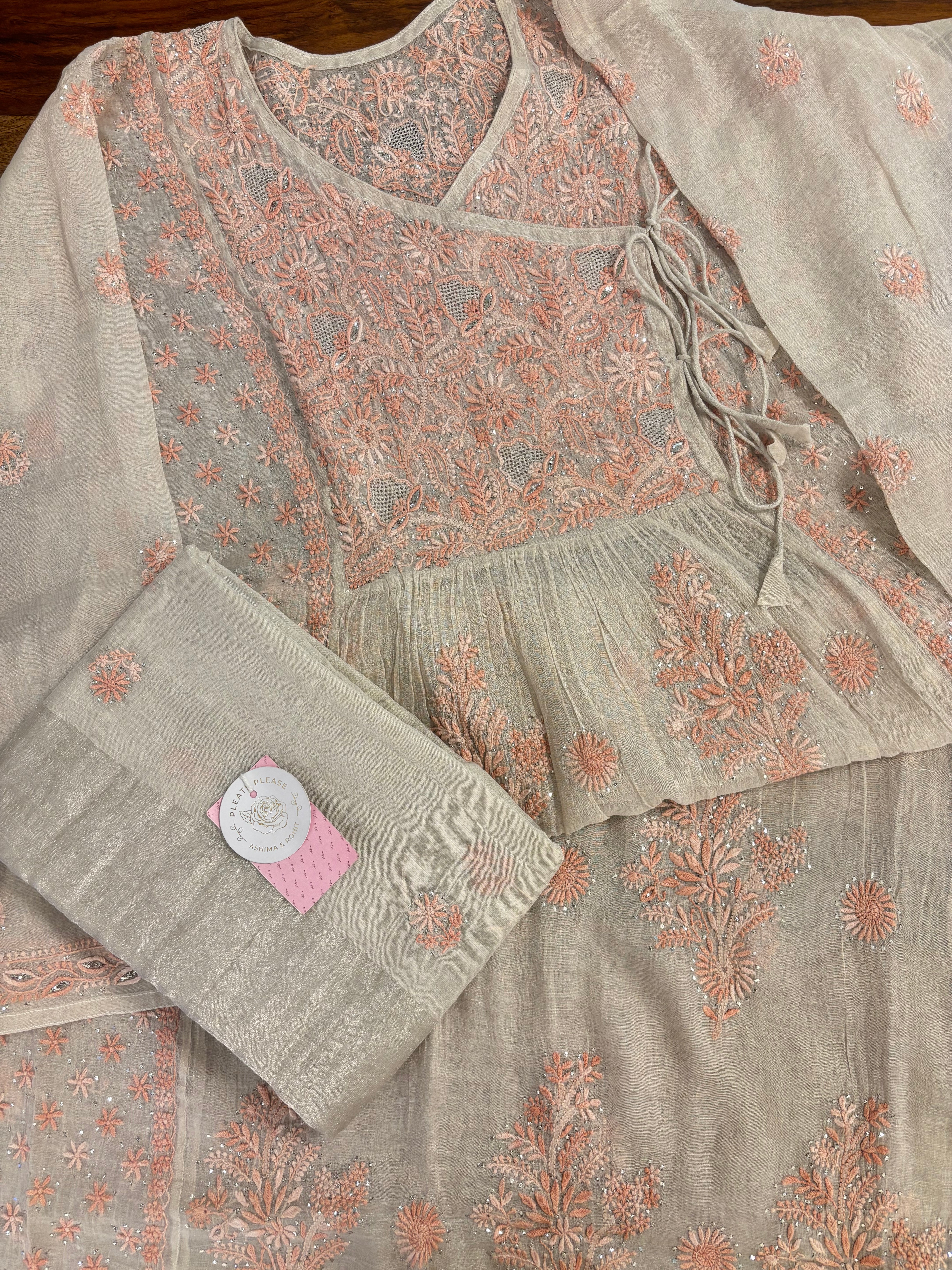 Dyeable Pure & Premium Silver Tissue Mukaish Chikankari Angrakha Kurta & Dupatta
