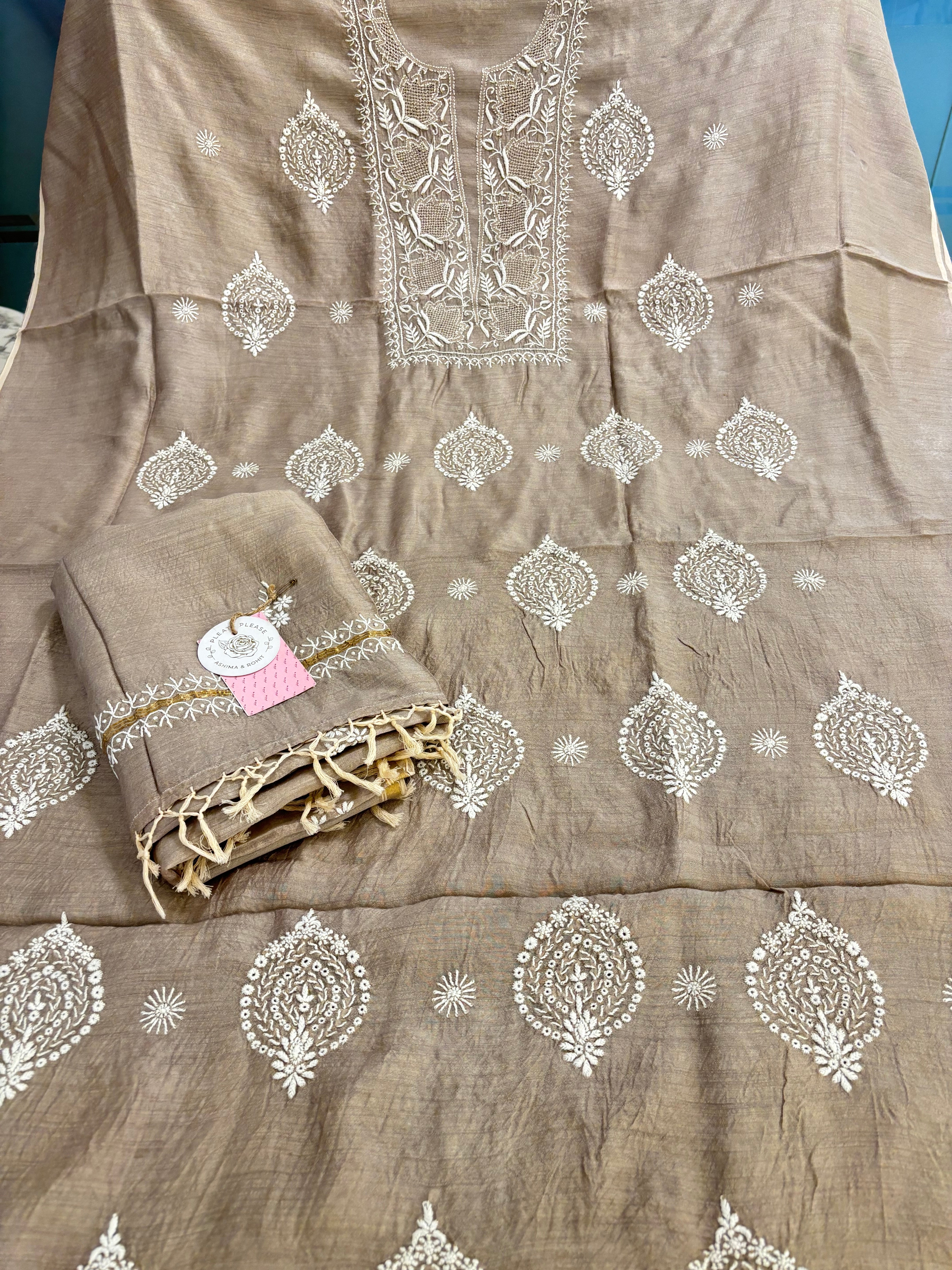 Hazelnut Brown Monga Silk Chikankari Kurta & Dupatta