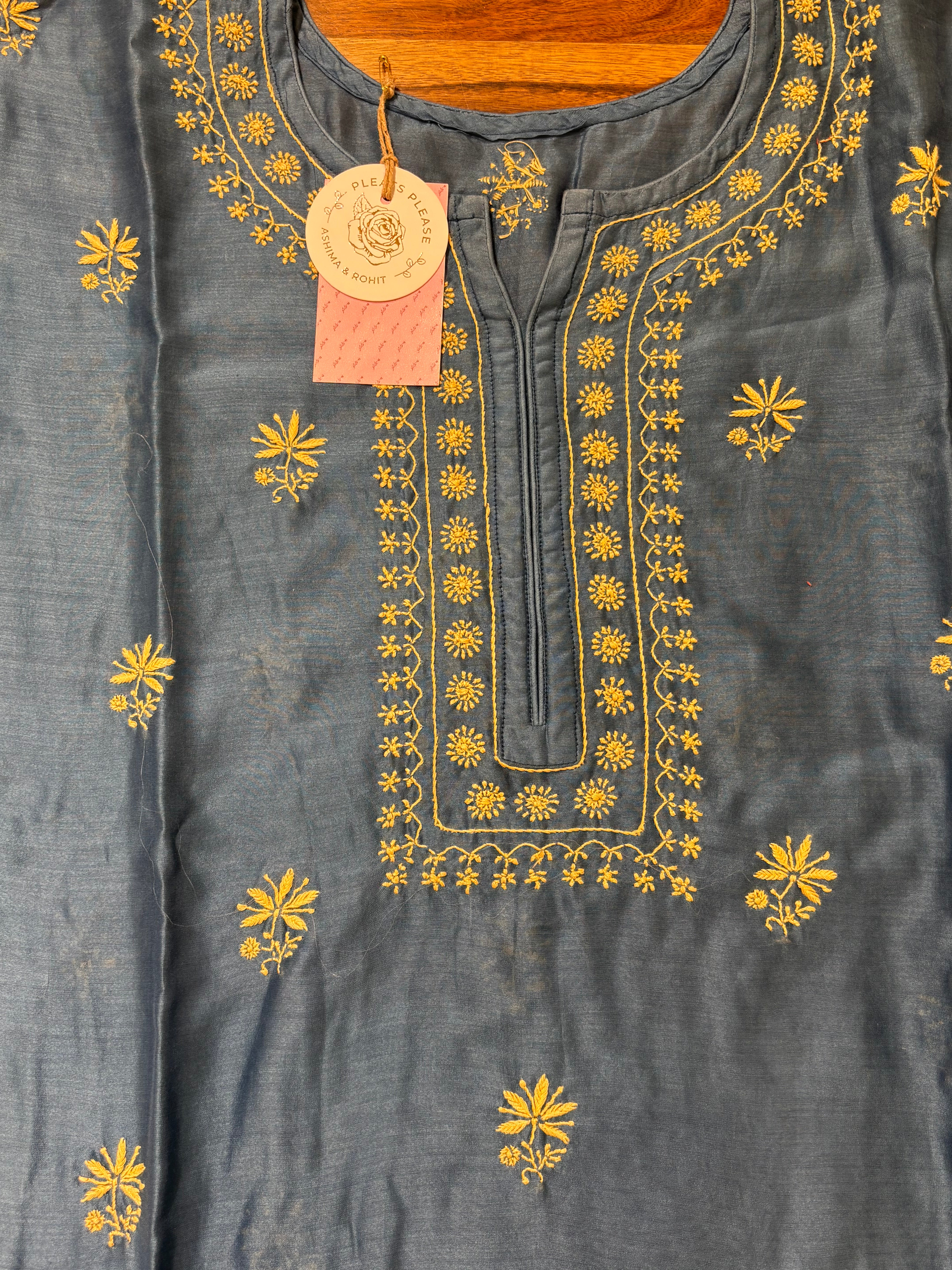 Steel Blue Chanderi Silk Chikankari Kurta & Organza Dupatta With Bottom