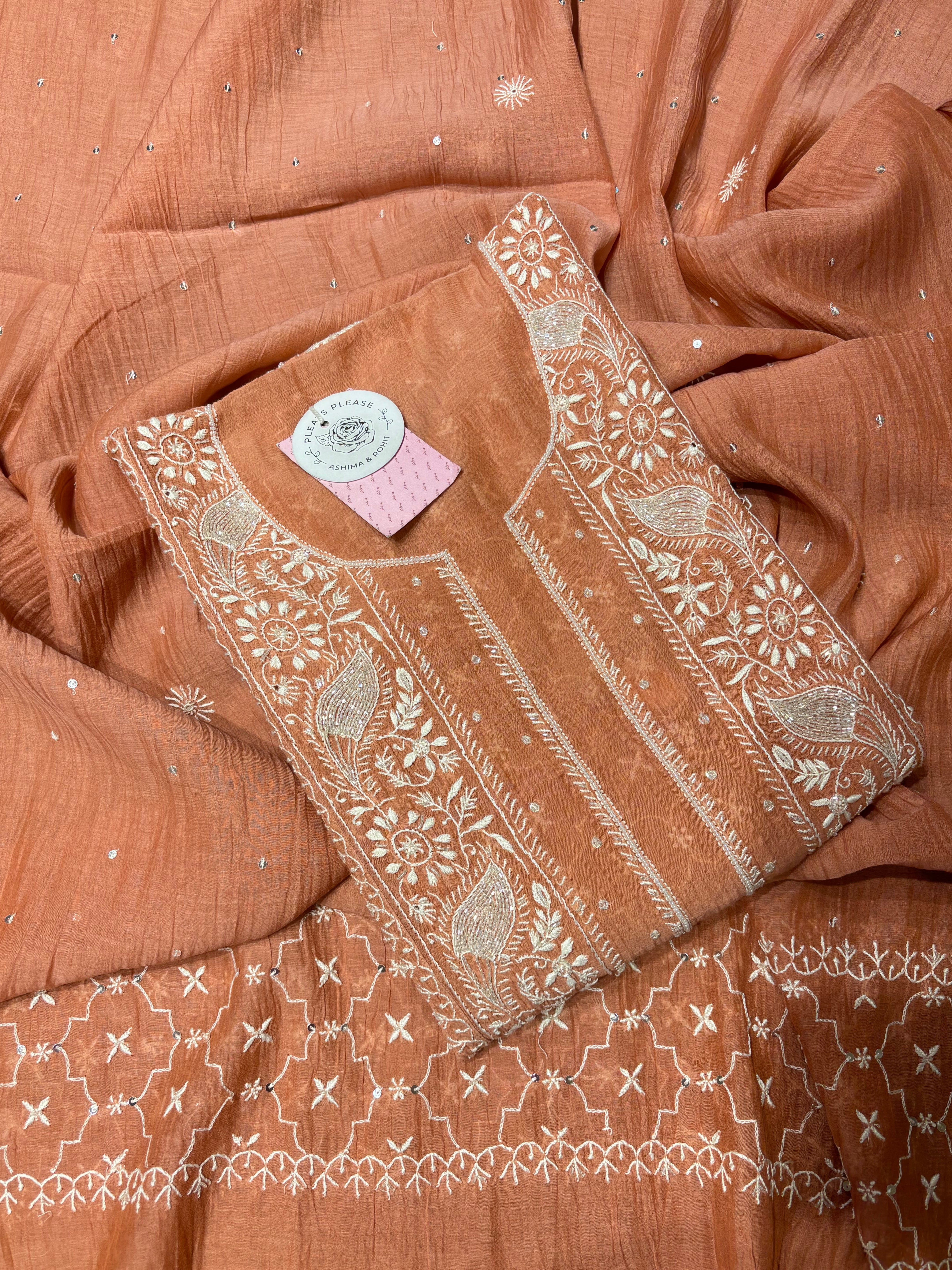 Peach Pure Chanderi Mul Chikankari Kurta & Dupatta