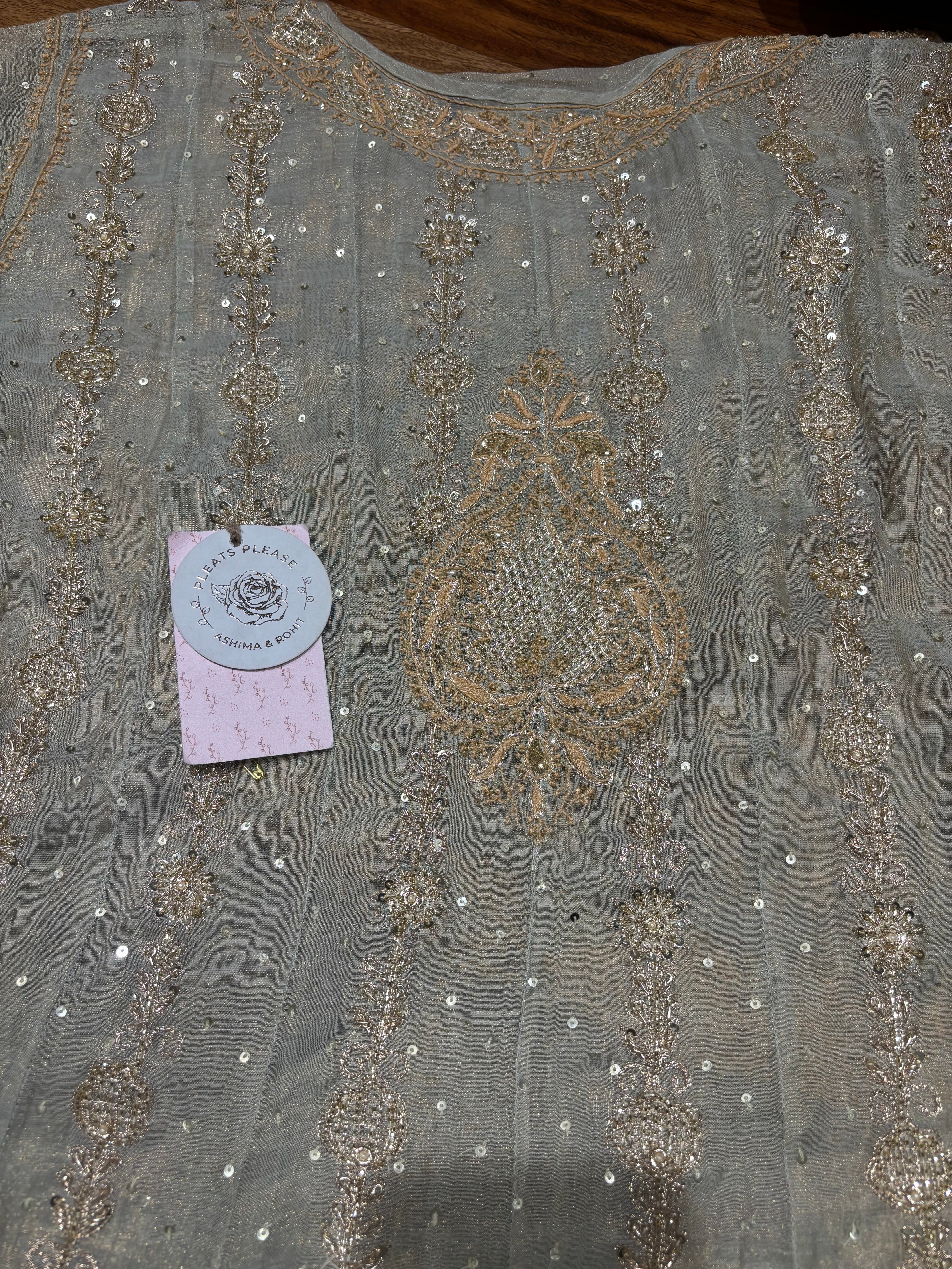 Cardamom Green Pure & Premium Tissue Chikankari Angrakha & Dupatta Set