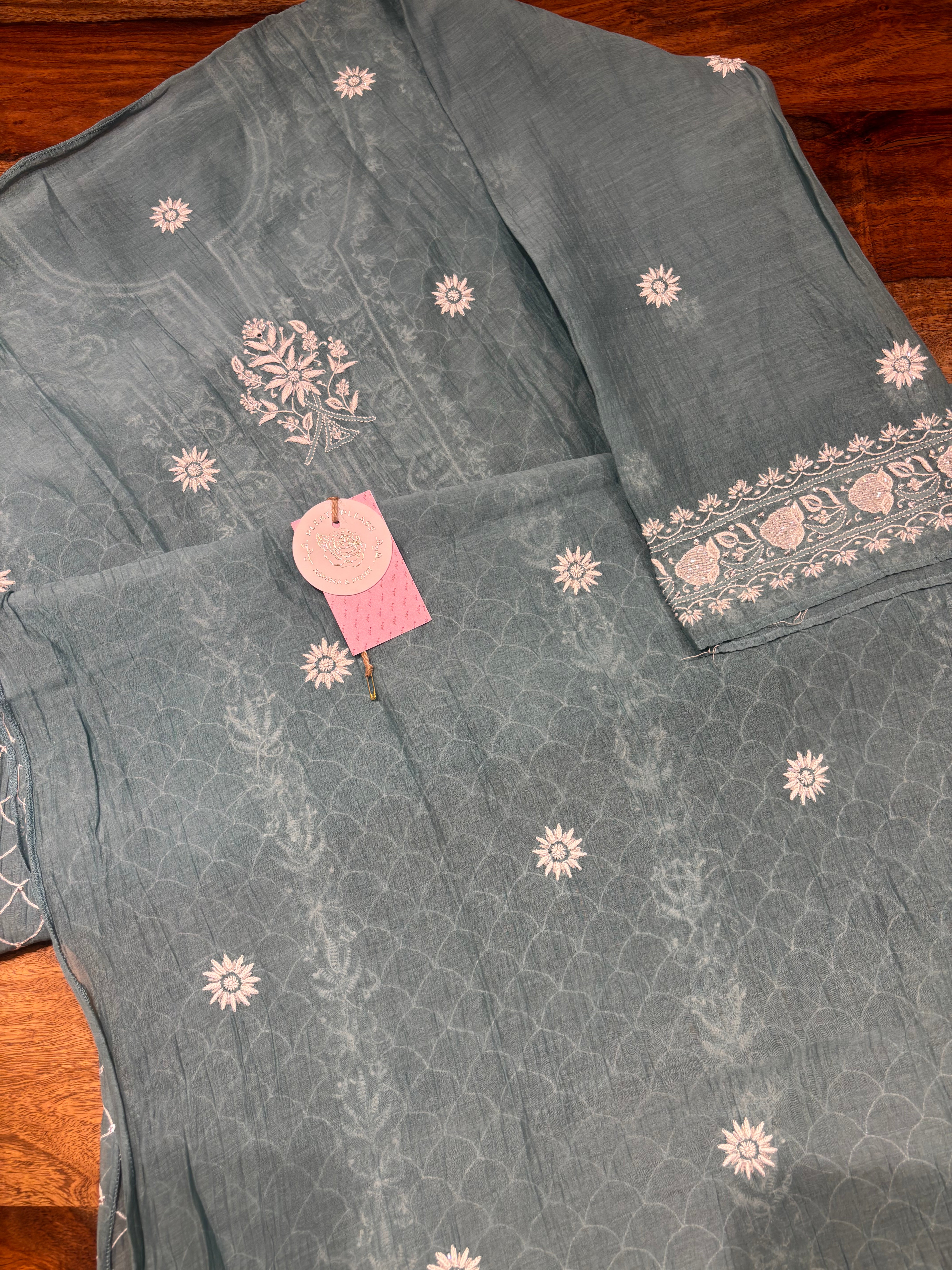 Turquoise Blue Chanderi Mul Chikankari Kurta & Dupatta Set