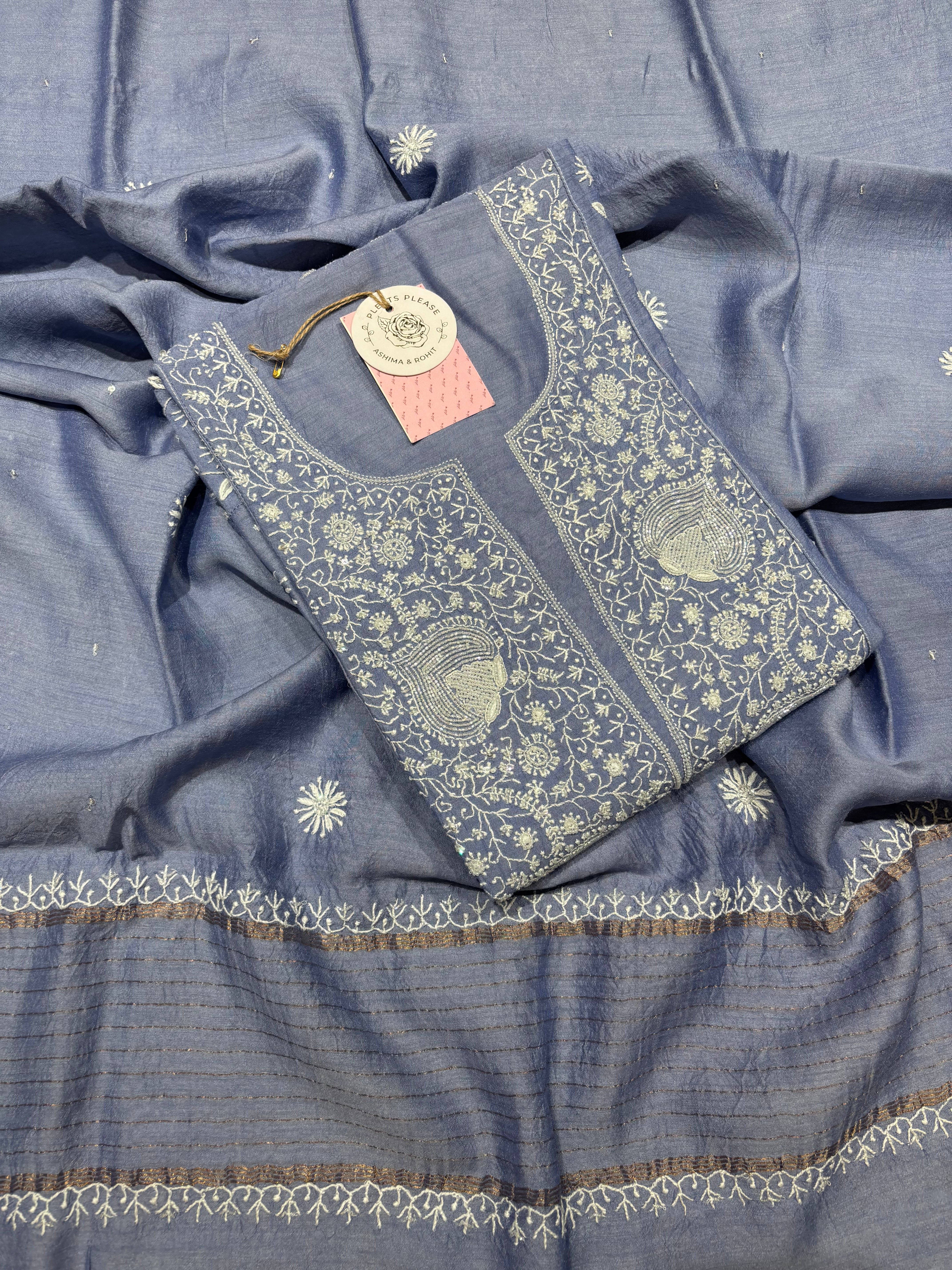 Blue pure Monga Silk Chikankari Kurta and Dupatta Set