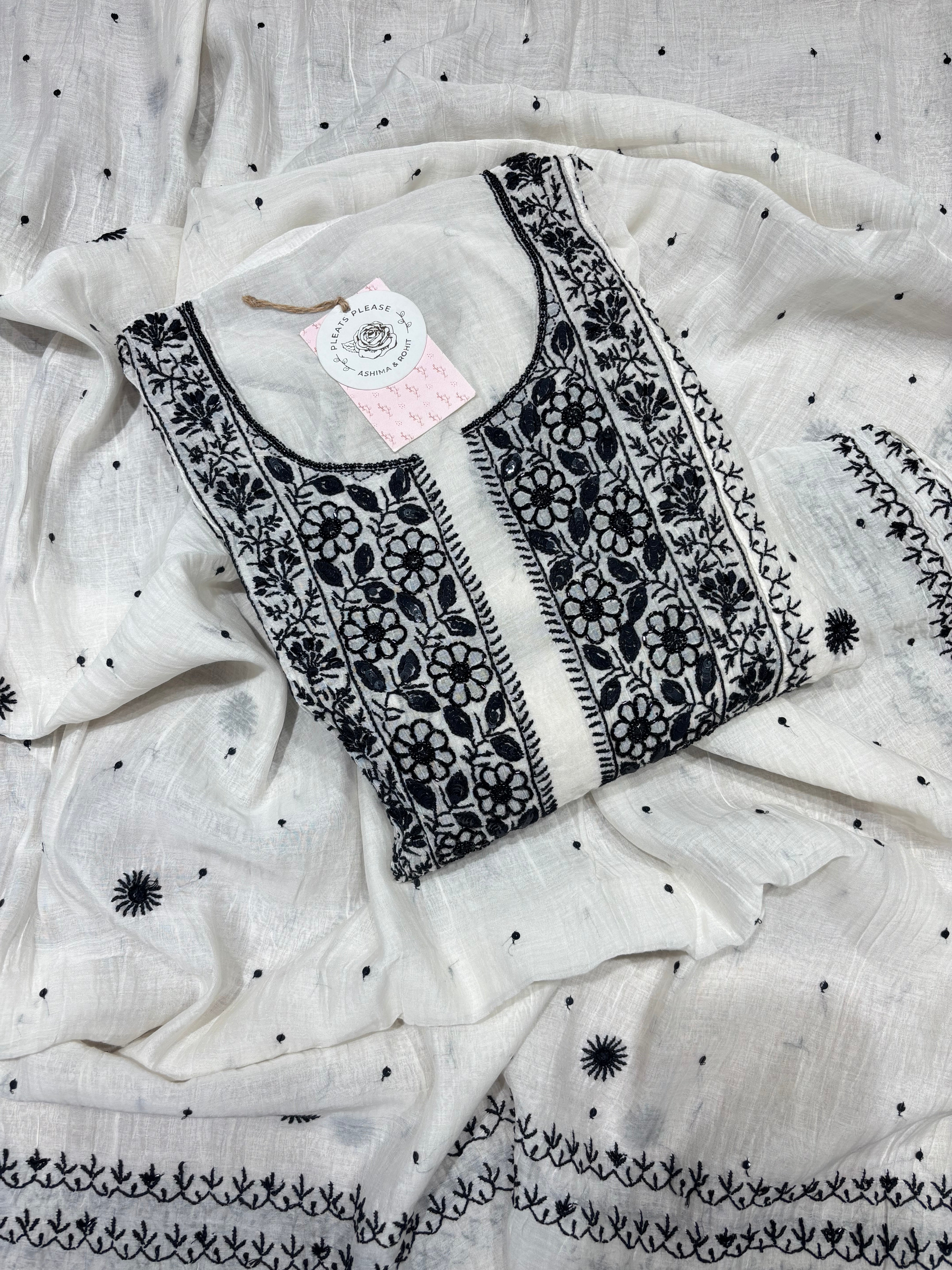 Dyeable Chanderi mul Chikankari Kurta and Dupatta Set