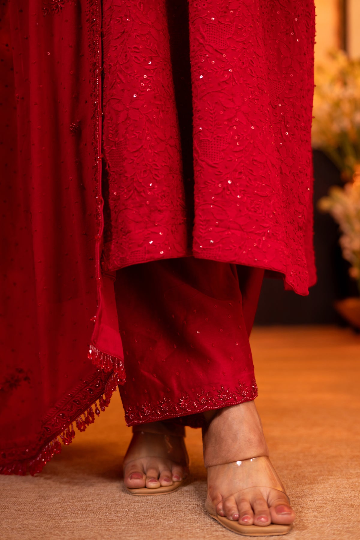 Deep Red Pure & Premium Georgette Chikankari Kurta, Dupatta With Bottom