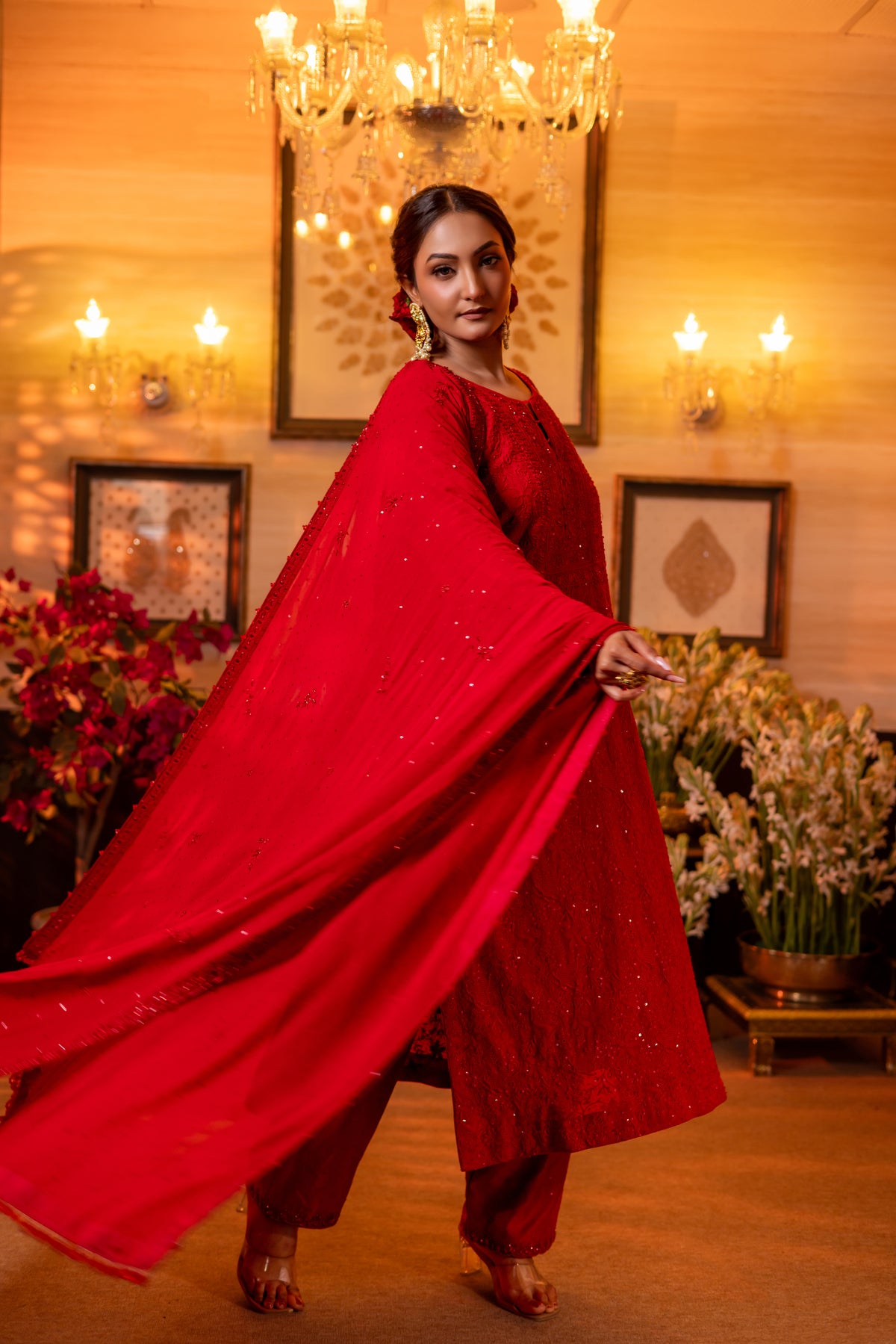 Deep Red Pure & Premium Georgette Chikankari Kurta, Dupatta With Bottom