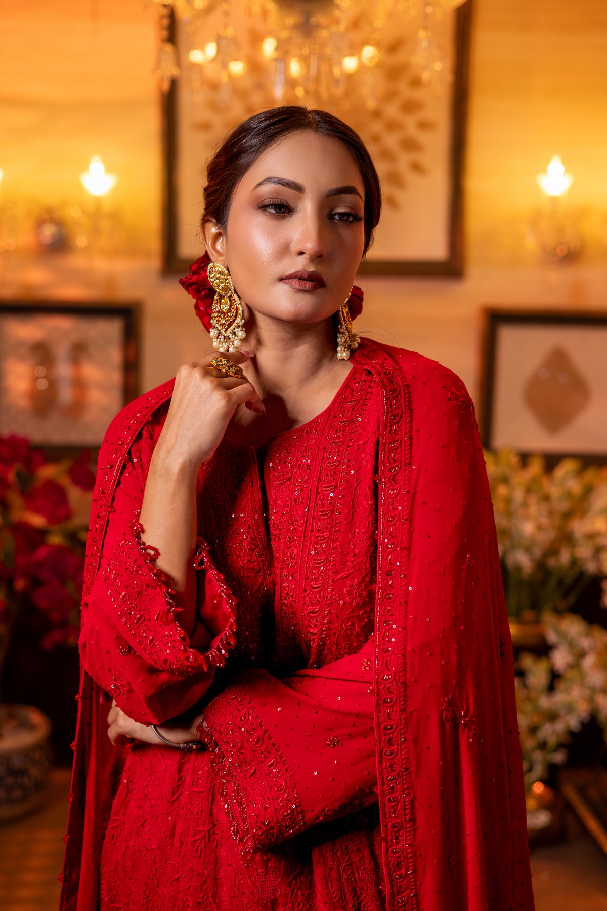 Deep Red Pure & Premium Georgette Chikankari Kurta, Dupatta With Bottom