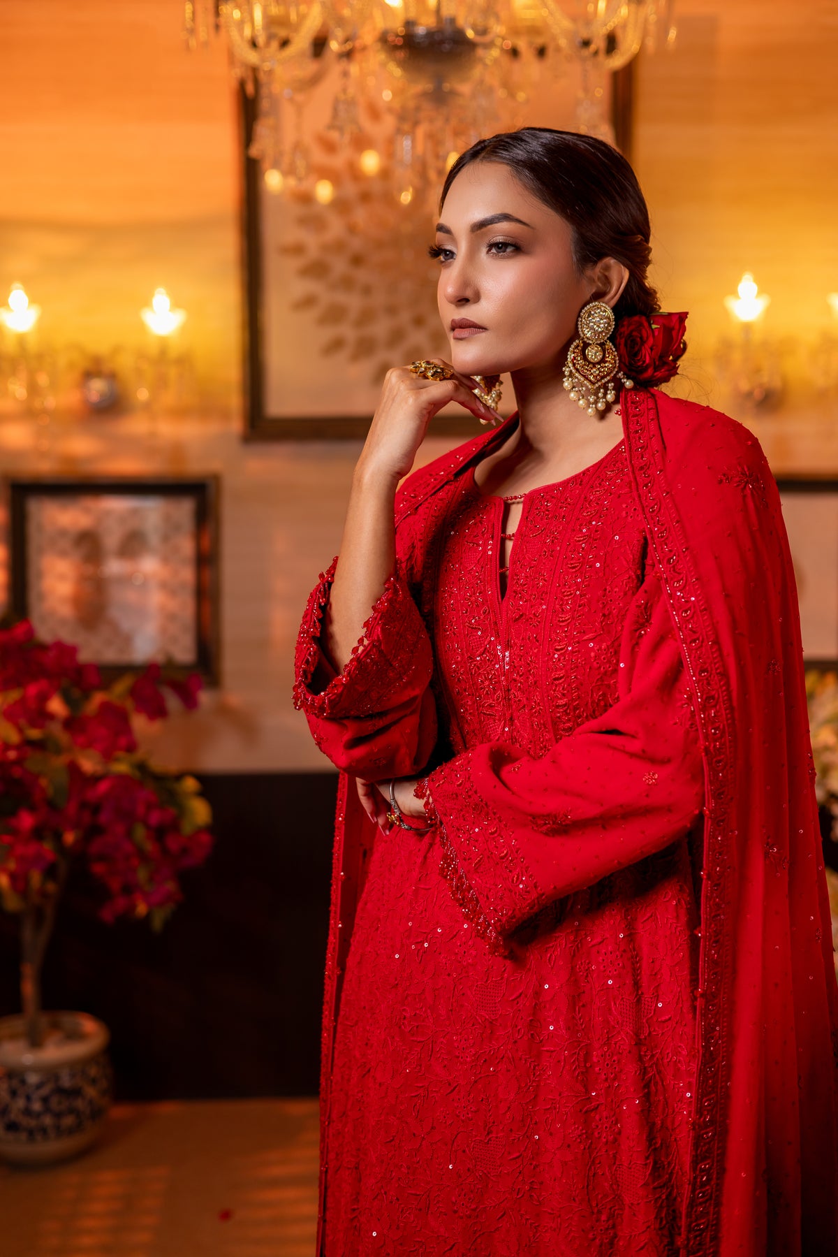 Deep Red Pure & Premium Georgette Chikankari Kurta, Dupatta With Bottom