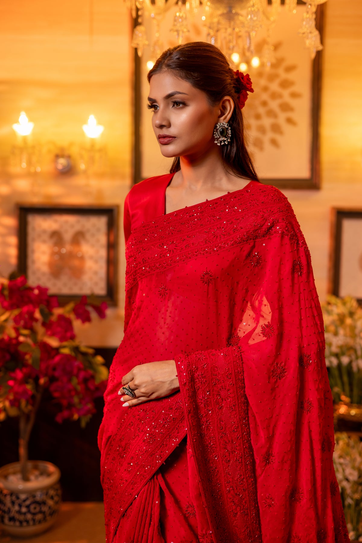 Red Pure & Premium Georgette Chikankari Saree