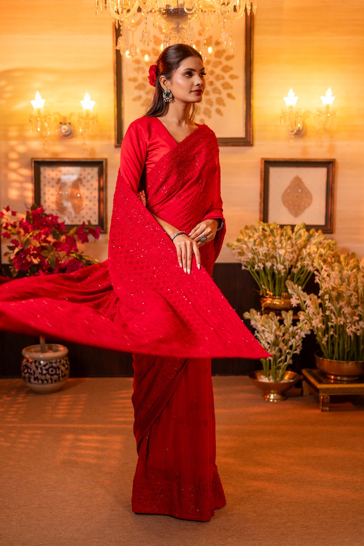 Red Pure & Premium Georgette Chikankari Saree