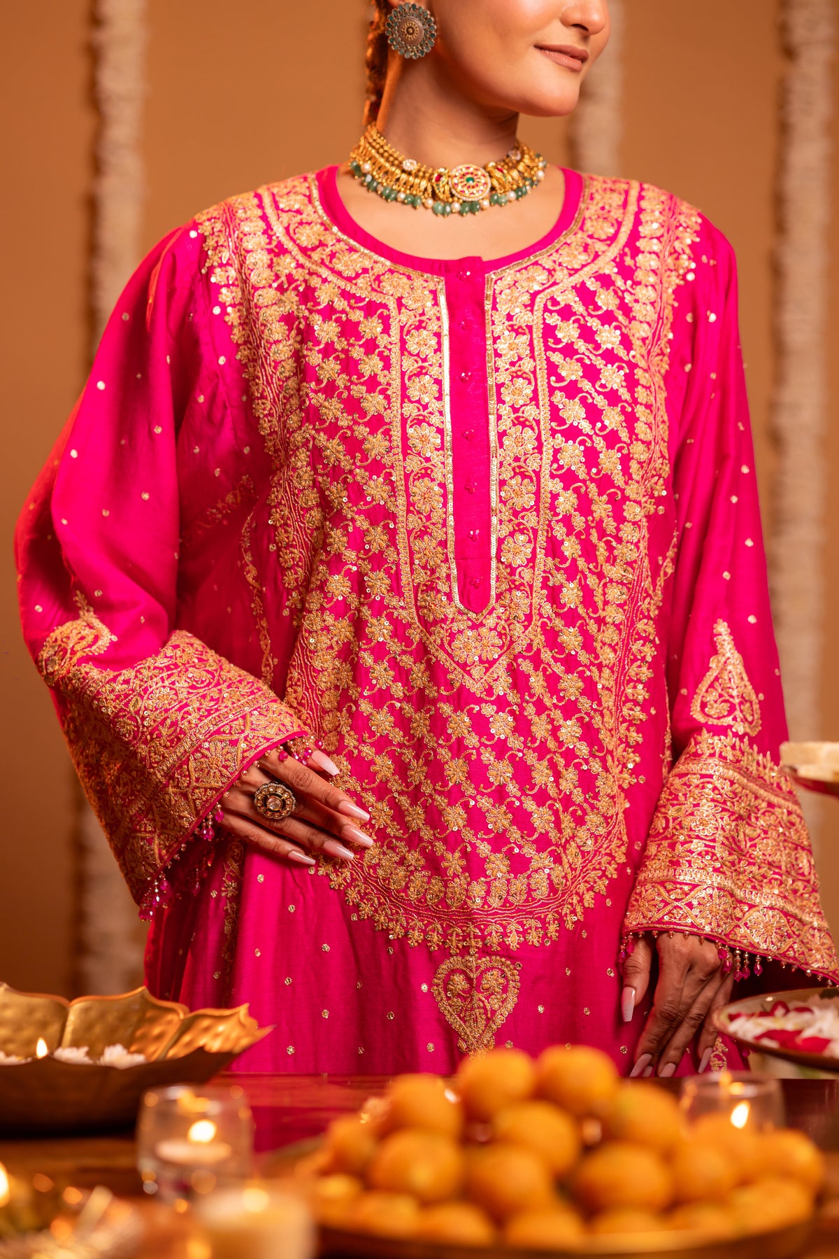 Magenta Pure & Premium Monga Silk Chikankari Kurta, Bottom With Organza Dupatta