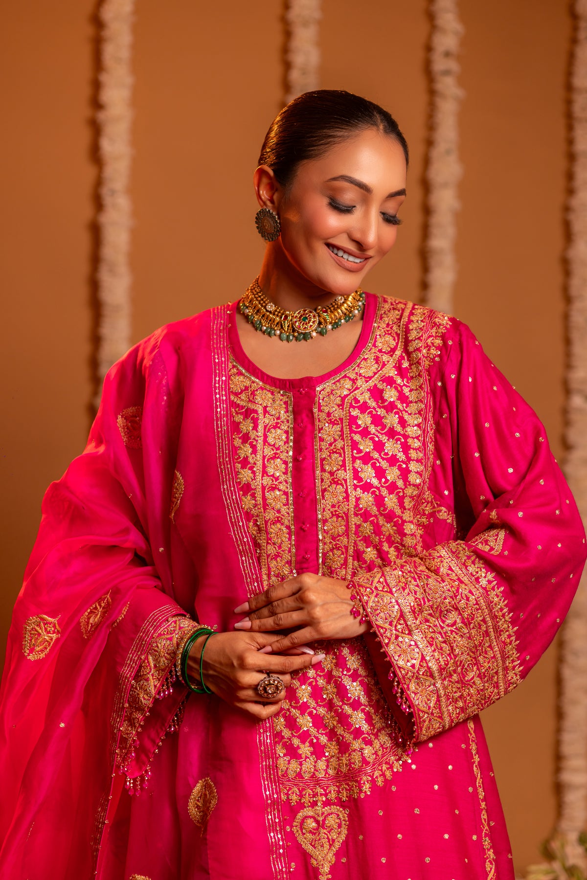 Magenta Pure & Premium Monga Silk Chikankari Kurta, Bottom With Organza Dupatta