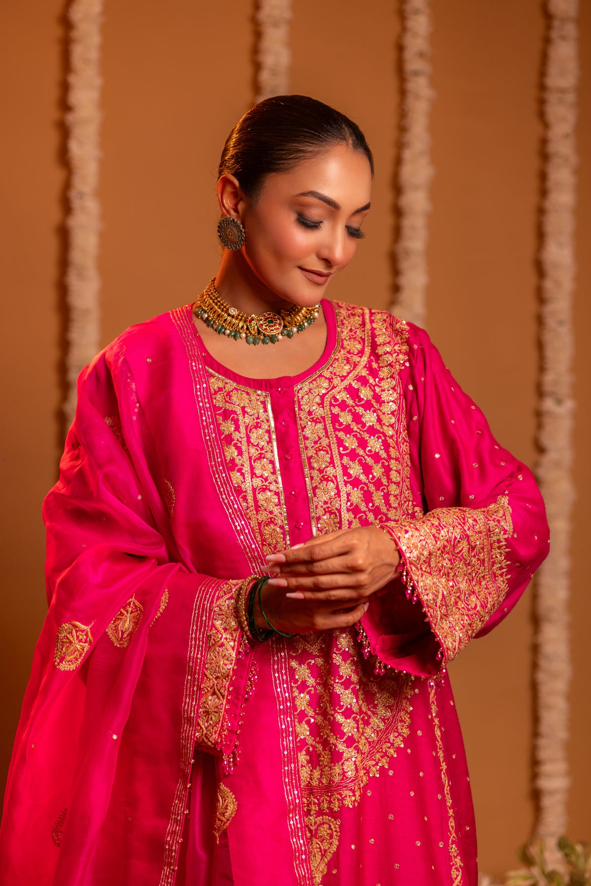 Magenta Pure & Premium Monga Silk Chikankari Kurta, Bottom With Organza Dupatta
