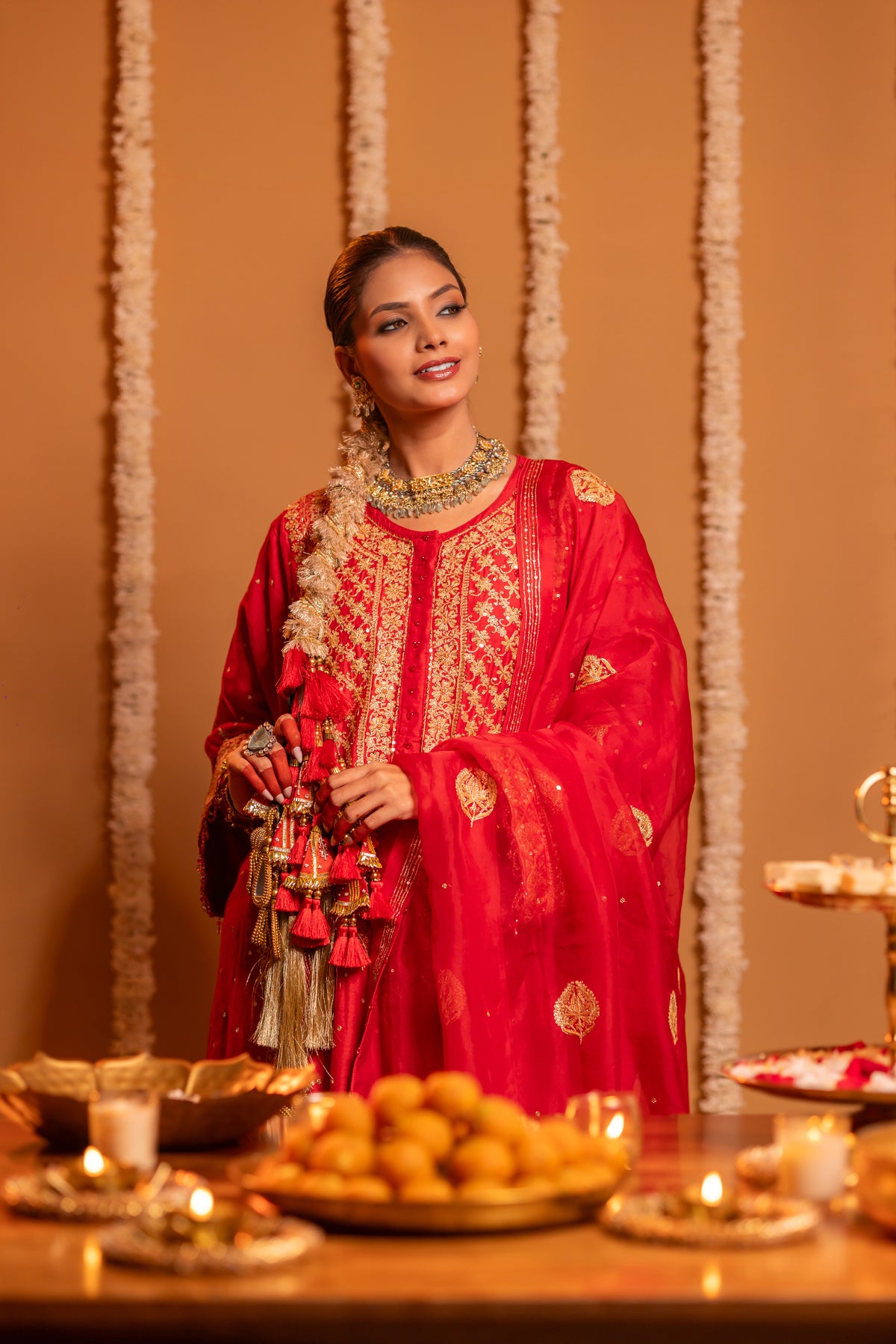 Red Pure & Premium Monga Silk Chikankari Kurta, Bottom With Organza Dupatta
