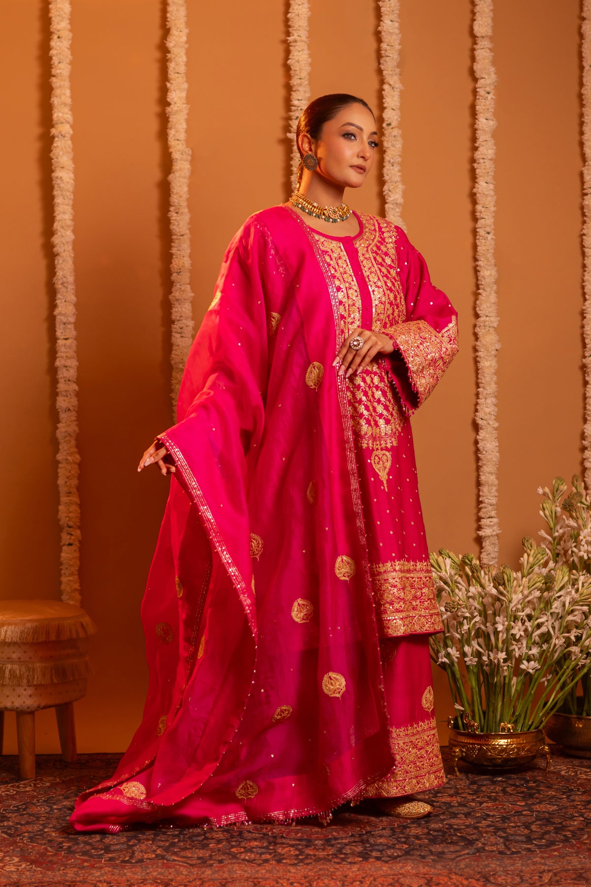 Magenta Pure & Premium Monga Silk Chikankari Kurta, Bottom With Organza Dupatta