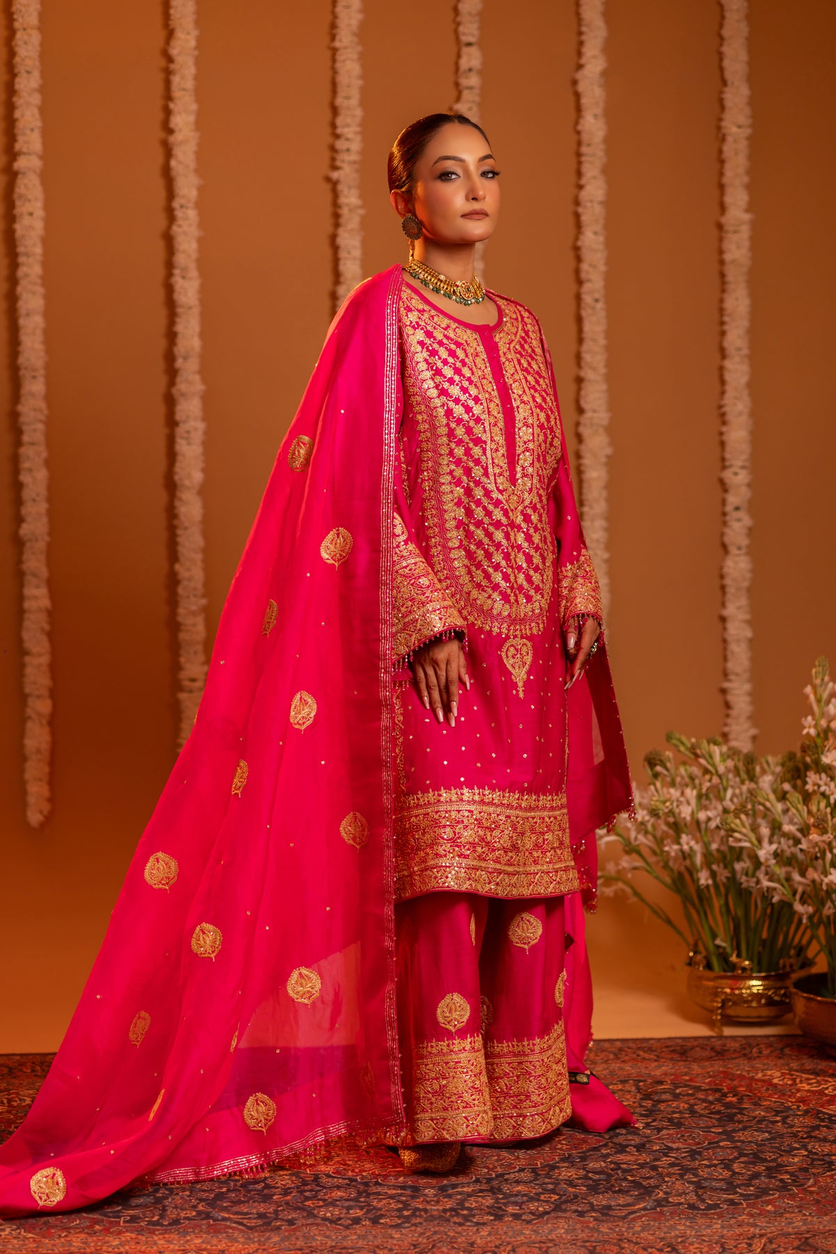 Magenta Pure & Premium Monga Silk Chikankari Kurta, Bottom With Organza Dupatta
