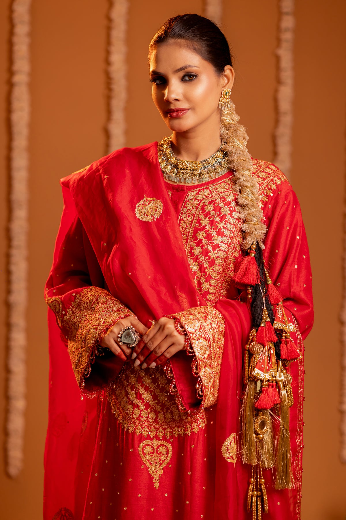 Red Pure & Premium Monga Silk Chikankari Kurta, Bottom With Organza Dupatta
