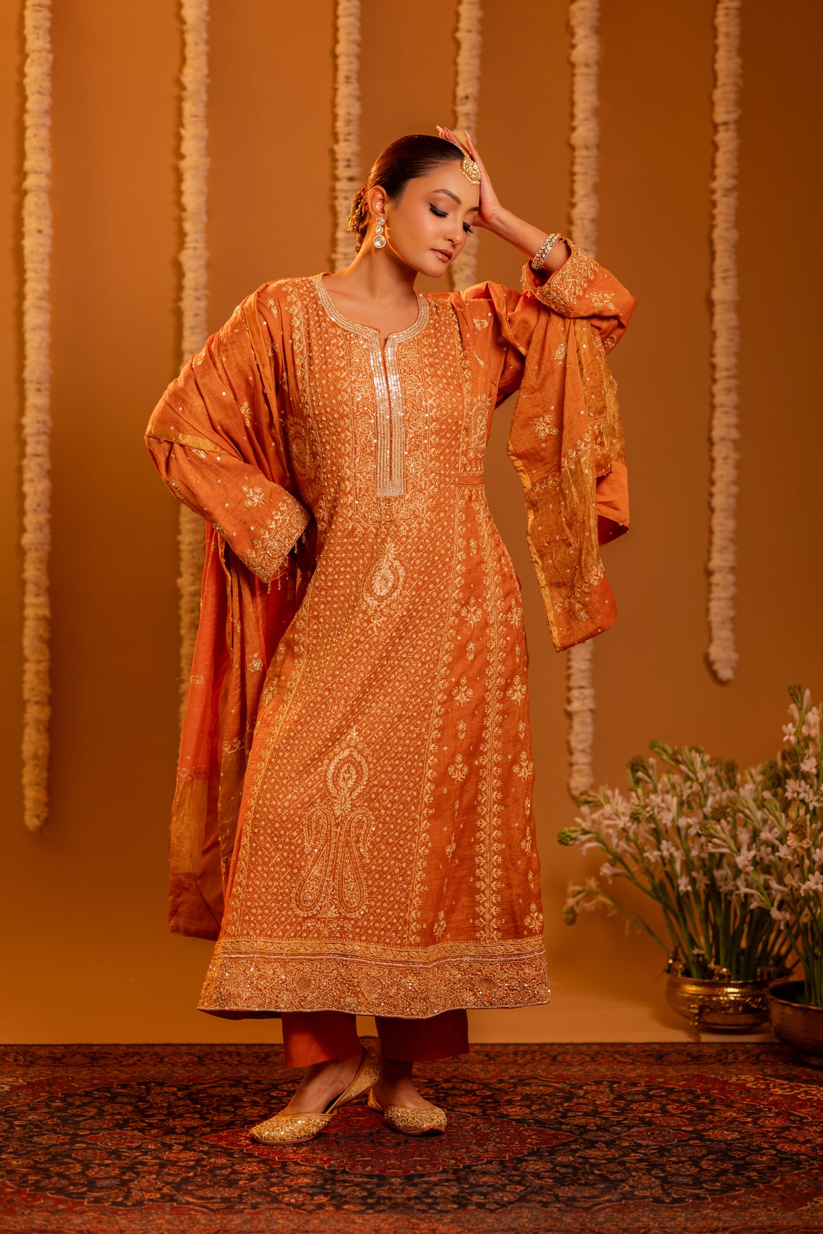 Burnt Orange Pure & Premium Tissue Chikankari Anarkali And Dupatta With Bottom